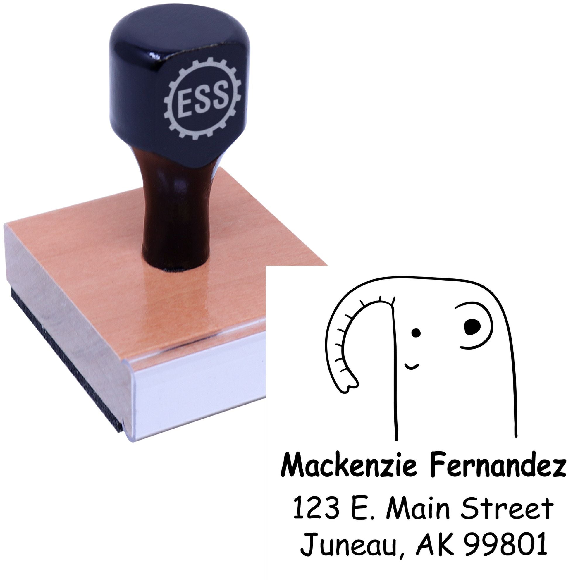 Wood handle endearing elephant cartoon animal made to order address stamper. Custom-made new address stamper with a wooden base and black handle, featuring a cute elephant design and personalized address details.