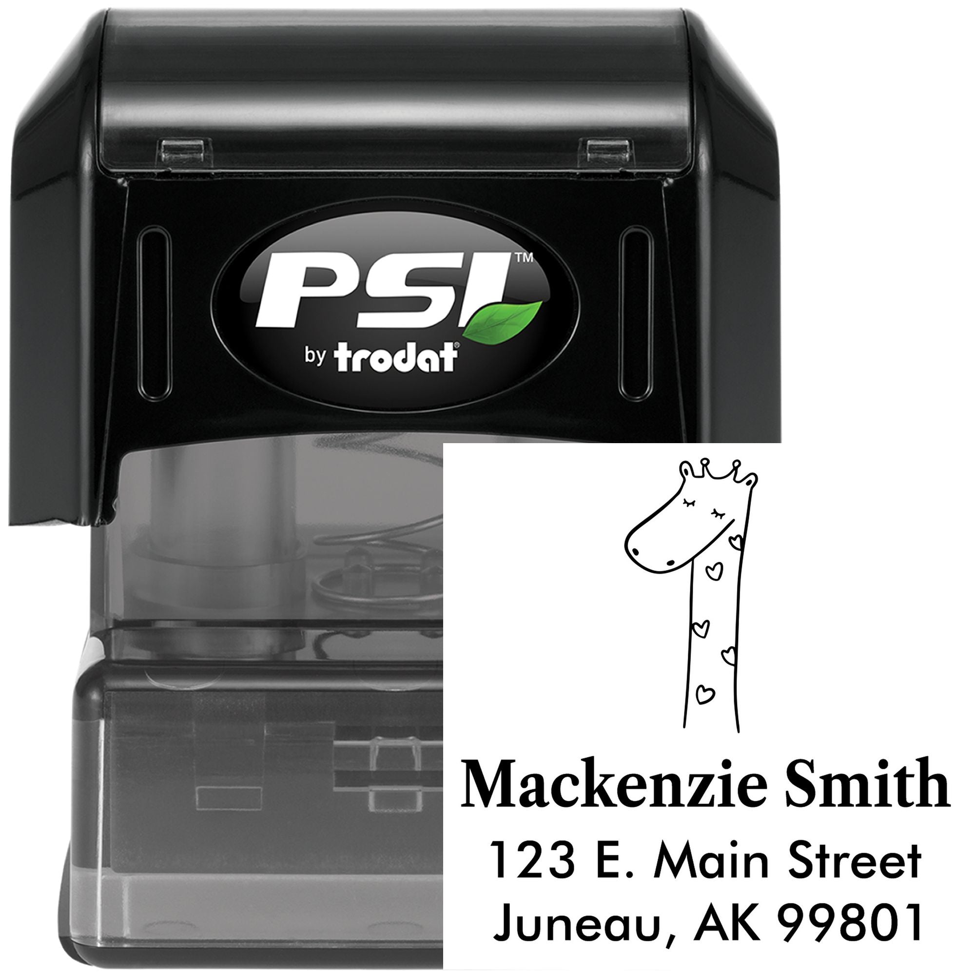 Lovely Giraffe Pre-Inked Customized Address Stamper featuring a cute giraffe design. The Custom-Made Address Stamper displays the name "Mackenzie Smith" with an address in Juneau, AK. The stamper is black with a transparent base.