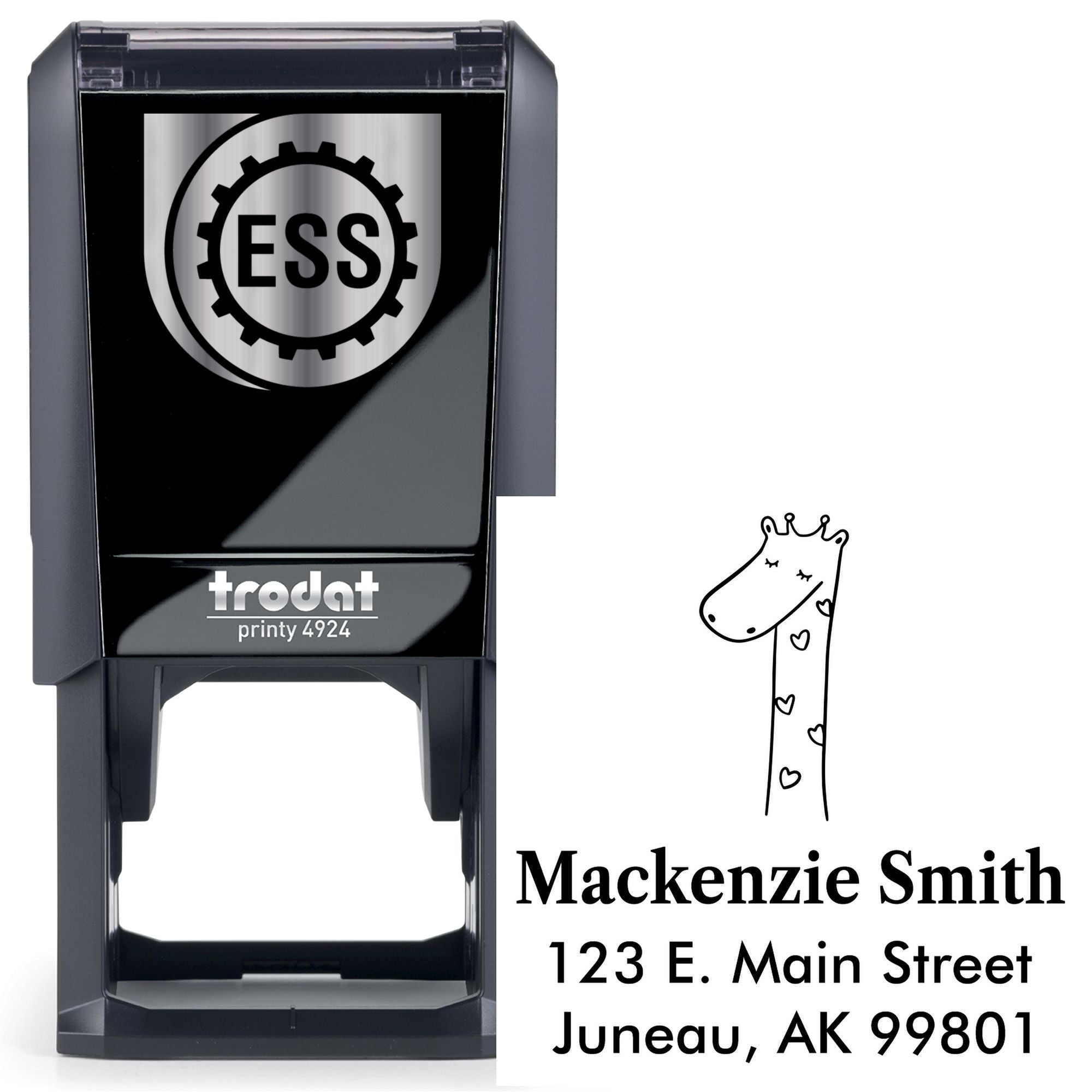 Self-inking stamp featuring a lovely cartoon animal giraffe design, ideal for custom return mail stamper use. The stamp displays "ESS" and is custom made for personalized mailing needs.
