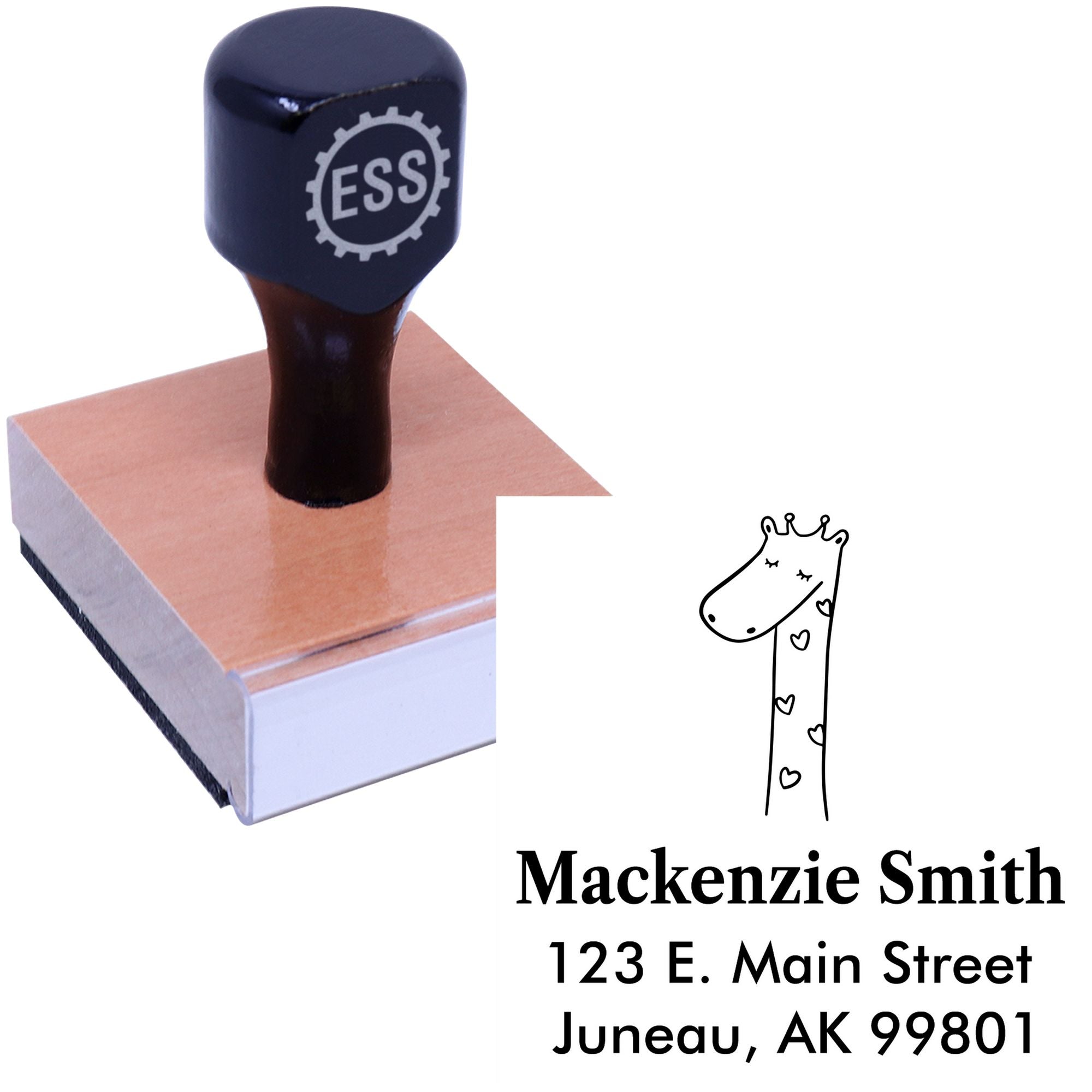 Wood handle lovely giraffe cartoon animal made to order mailing stamper. Custom-made return mail stamper with a wooden base and black handle, featuring a cute giraffe design and personalized address details.