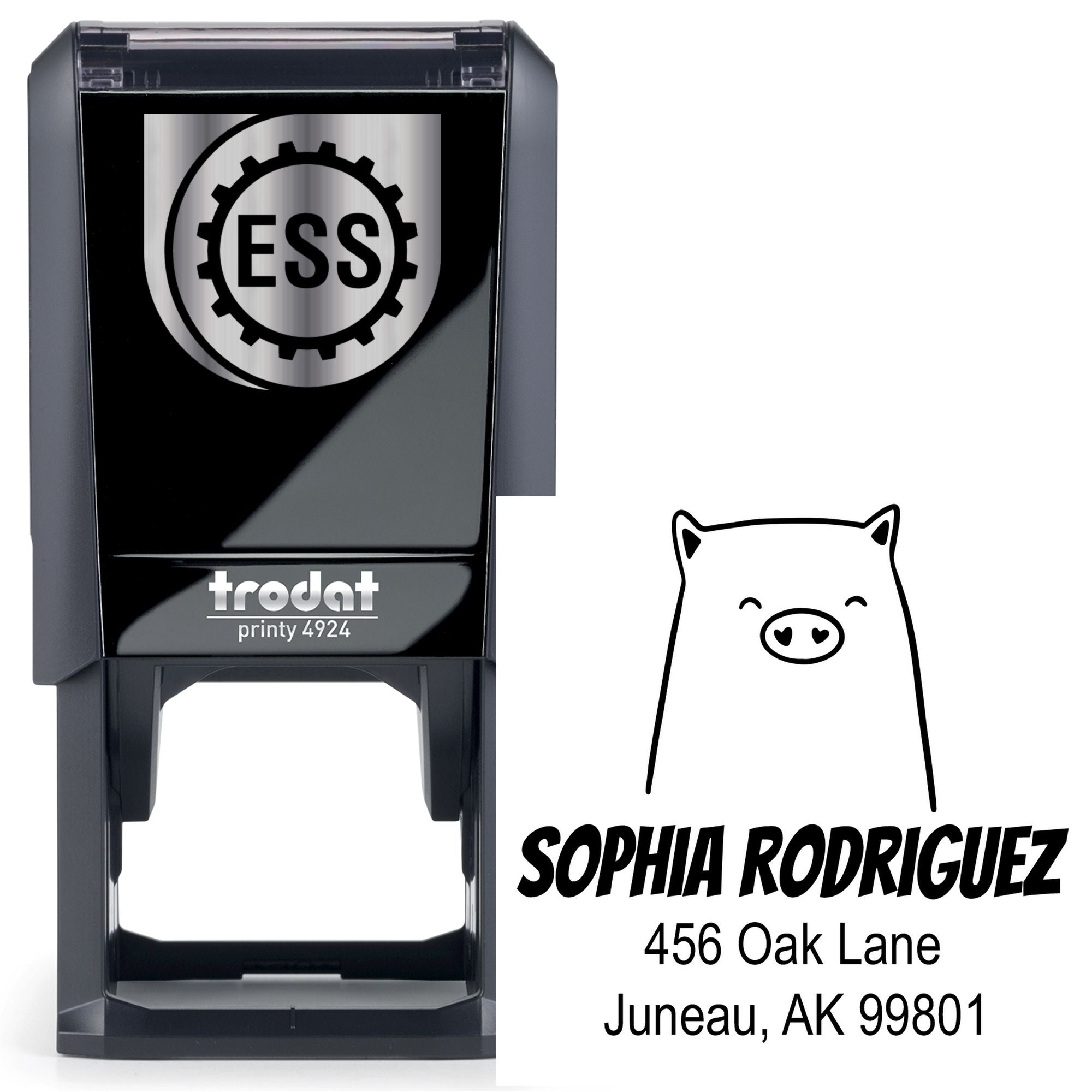 Self-Inking Cartoon Animal Cheery Pig Custom Made Address Stamp featuring a smiling pig illustration. Personalized Home Stamper with the name "Sophia Rodriguez" and address "456 Oak Lane, Juneau, AK 99801" displayed next to a black Trodat Printy 4924 stamper.