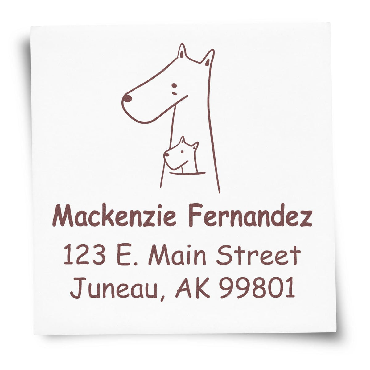 Snuggly Kangaroos Pre-Inked Customized Address Stamp featuring a cute kangaroo design. The Custom-Made New Address Stamp displays "Mackenzie Fernandez, 123 E. Main Street, Juneau, AK 99801" in brown ink on a white background.