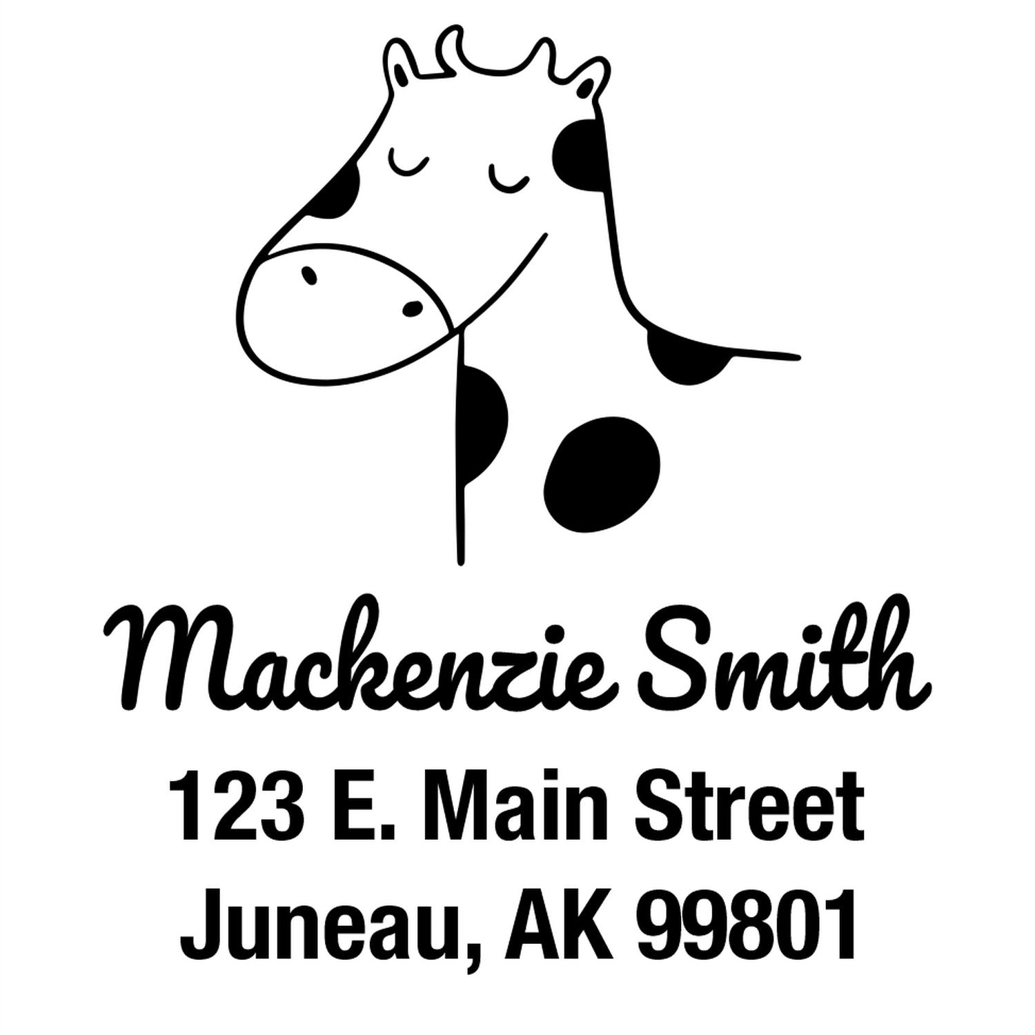 Cartoon cow with closed eyes above text 'Mackenzie Smith, 123 E. Main Street, Juneau, AK 99801'. Wood handle cow cuddles cartoon animal made to order home stamper, personalizable new address stamper.