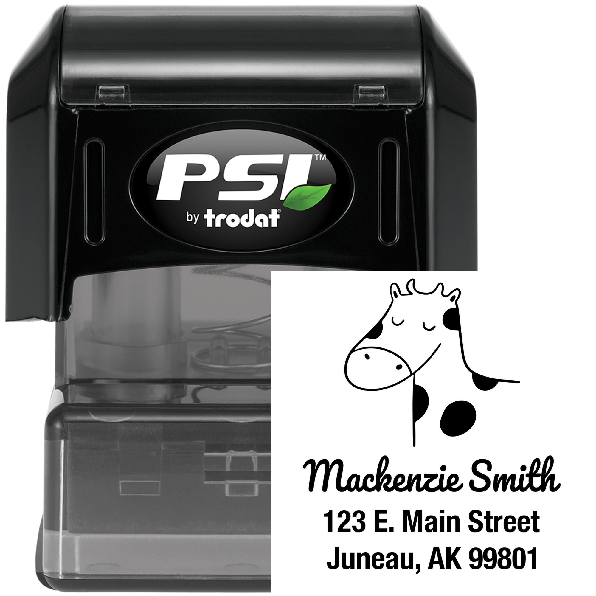 Image of a Cow Cuddles Pre-Inked Customized Address Stamper featuring a customizable mailing stamper design. The stamper displays a cute cow illustration with the name Mackenzie Smith and an address in Juneau, AK.