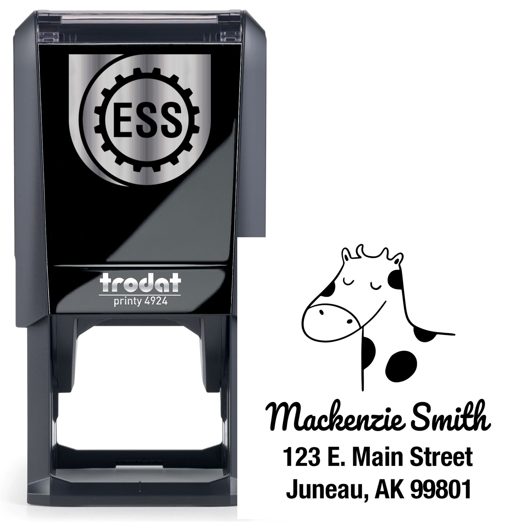 Self-Inking Cartoon Animal Cow Cuddles Custom Made Home Stamp featuring a cute cow design. Personalizable Mailing Stamper with the name Mackenzie Smith and address. Ideal for adding a personal touch to mail.