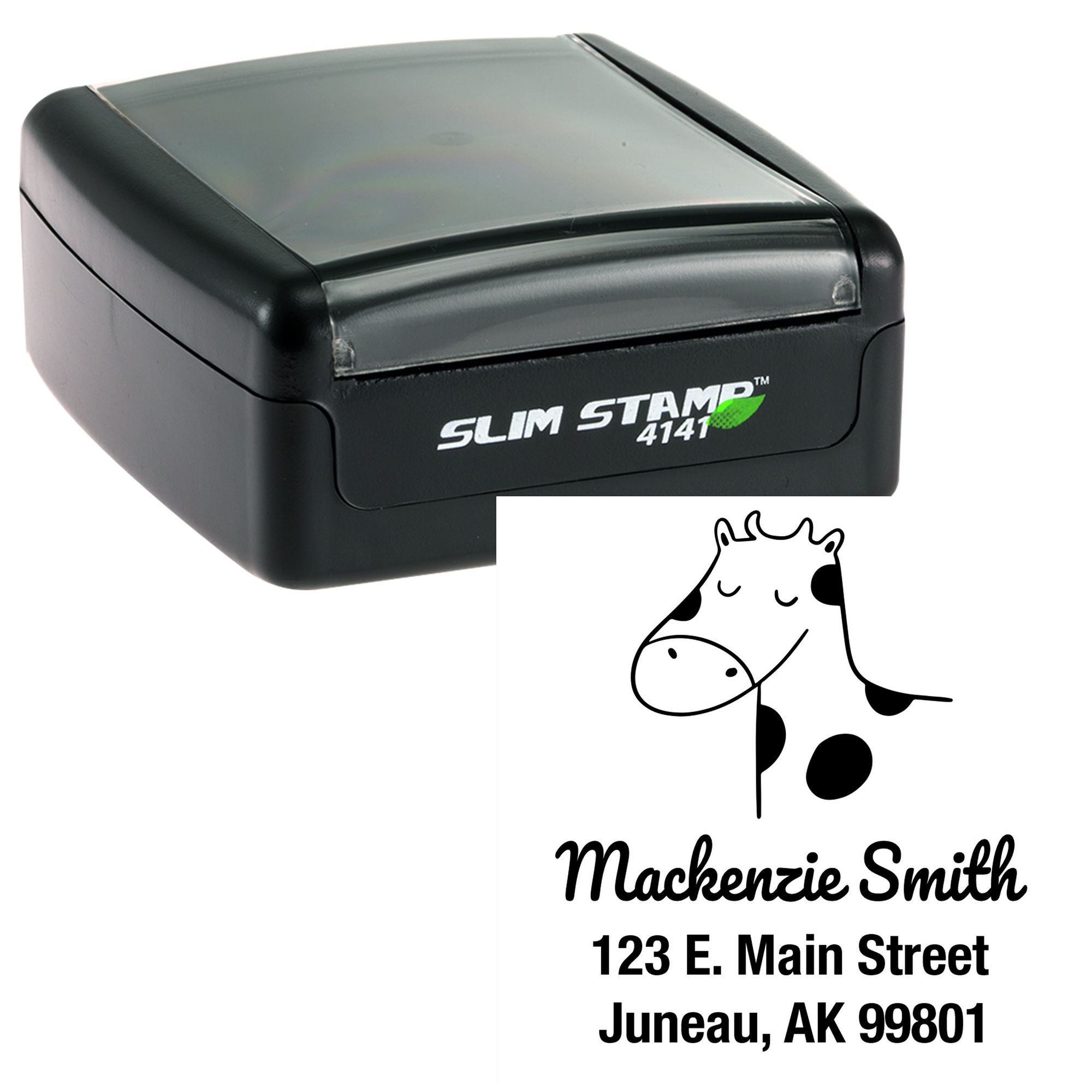 Image of a Portable Pre-Inked Cow Cuddles Custom Designed Address Stamp. The stamp features a cute cow illustration and customizable mailing details, including a name and address. The compact design is ideal for personalized mailing needs.