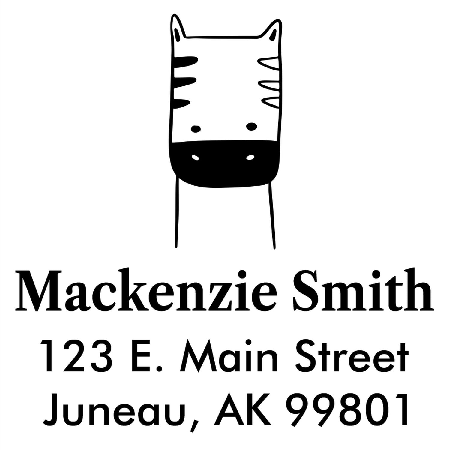 Custom address stamper featuring a frolicsome zebra cartoon with a wood handle. The design includes the name Mackenzie Smith and address 123 E. Main Street, Juneau, AK 99801. Ideal for made-to-order envelope stamps.