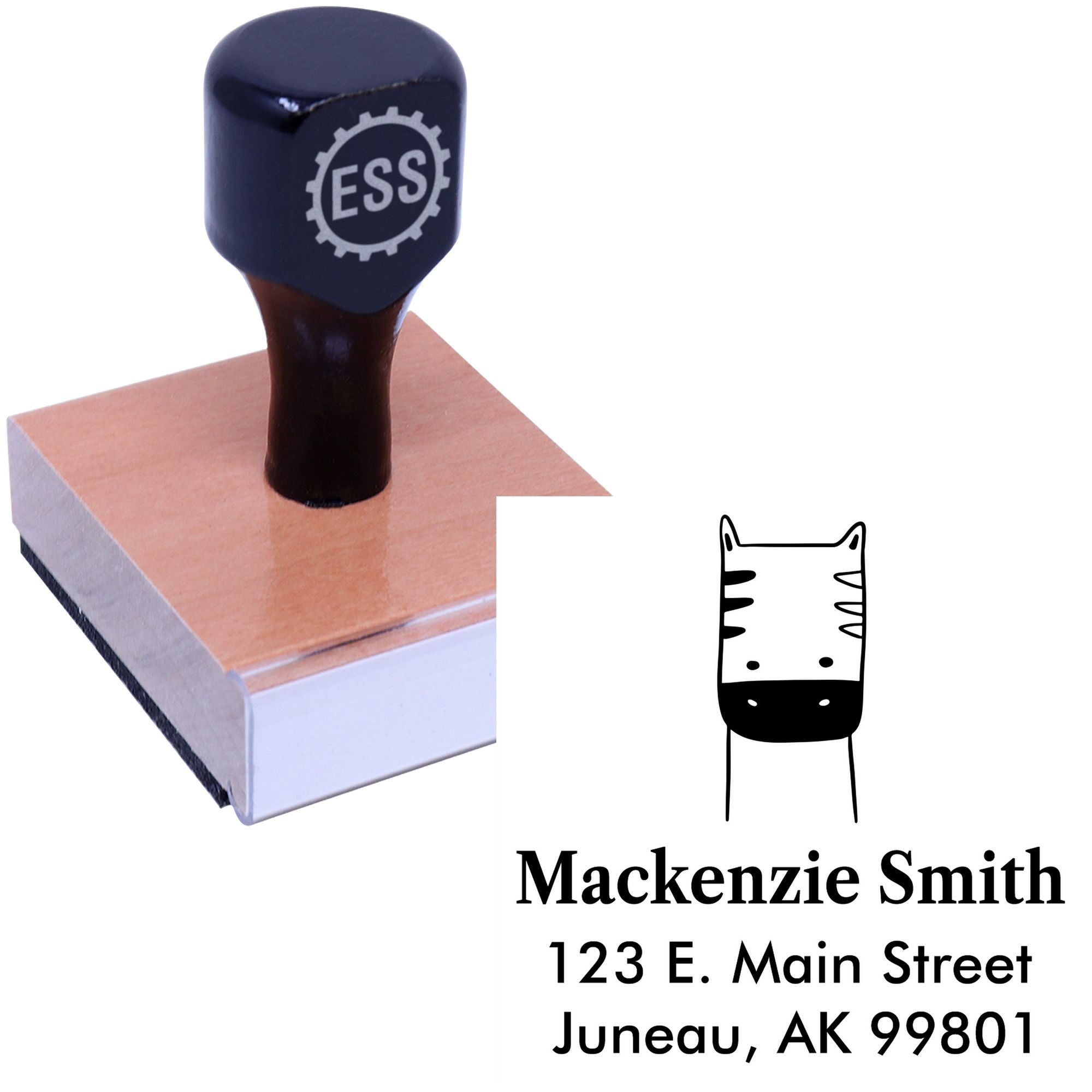 Wood handle stamp featuring a frolicsome zebra cartoon animal design, ideal for personalized return mail stamper. Made to order envelope stamp with customizable address, shown with Mackenzie Smith, 123 E. Main Street, Juneau, AK 99801.