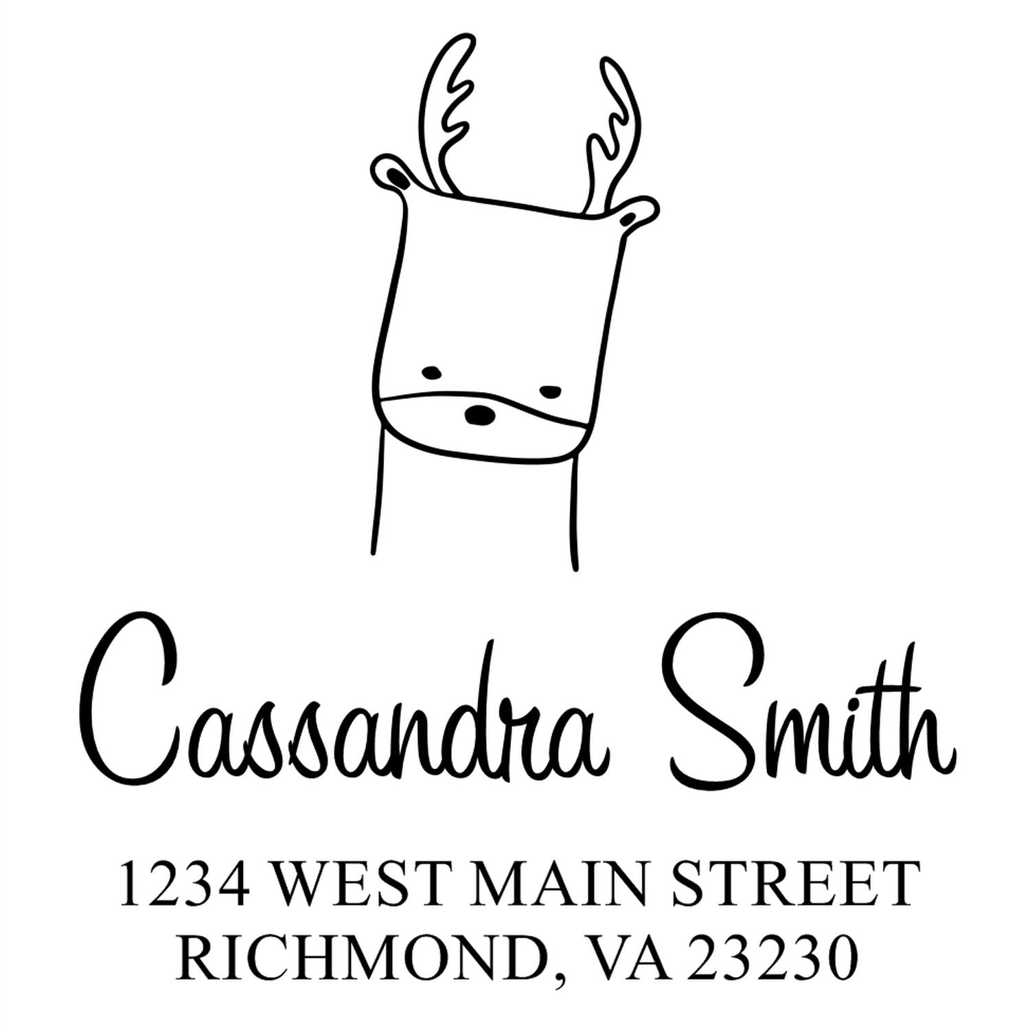 Self-Inking Cartoon Animal Regal Reindeer Custom Made Envelope Stamp featuring a cute reindeer design. The Customized Home Stamper displays the name "Cassandra Smith" and address "1234 West Main Street, Richmond, VA 23230" in elegant font.