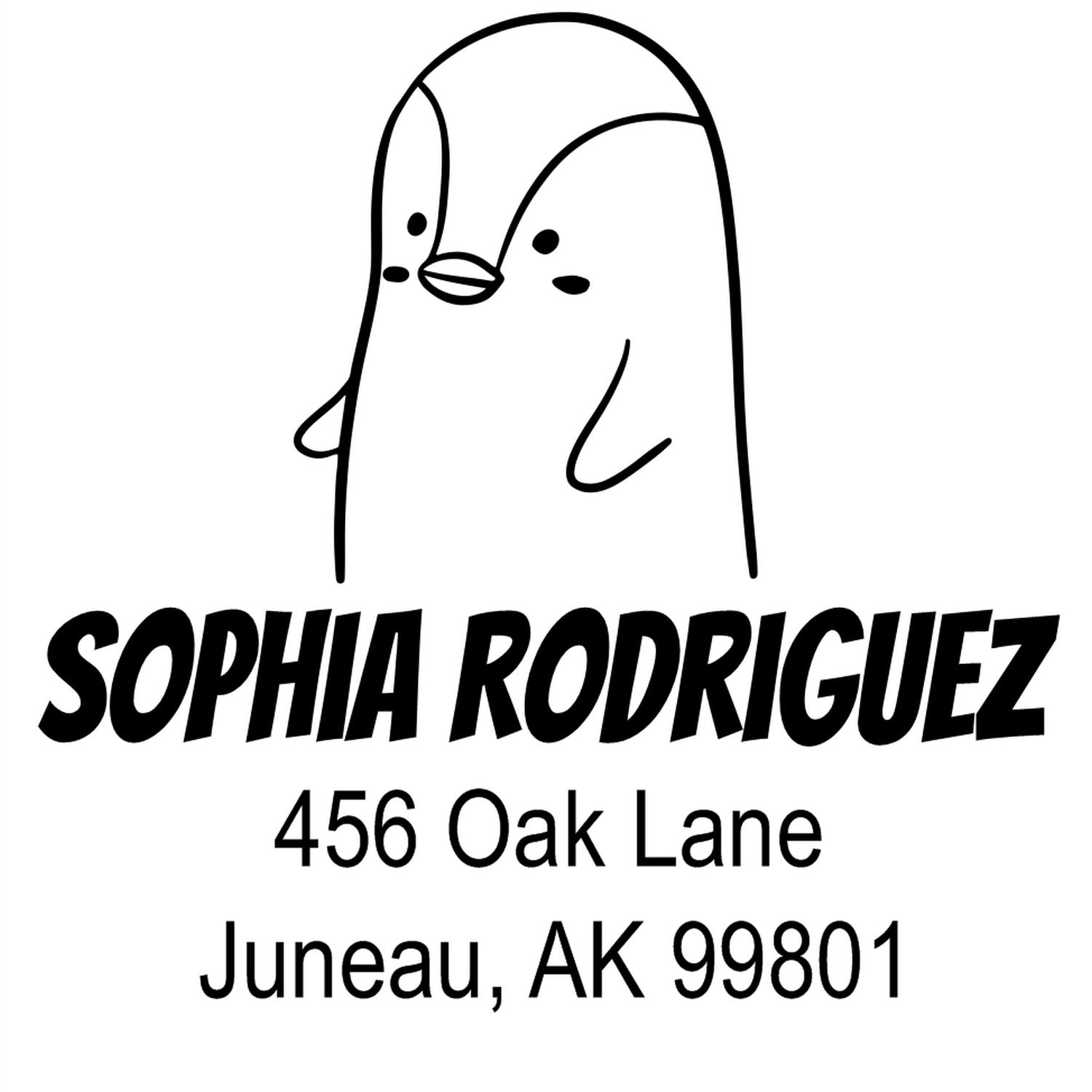 Perky Penguin Pre-Inked Customized Envelope Stamp featuring a cute penguin design above bold text reading "Sophia Rodriguez, 456 Oak Lane, Juneau, AK 99801." This Personalizable Mailing Stamper adds charm to envelopes with its playful and functional design.