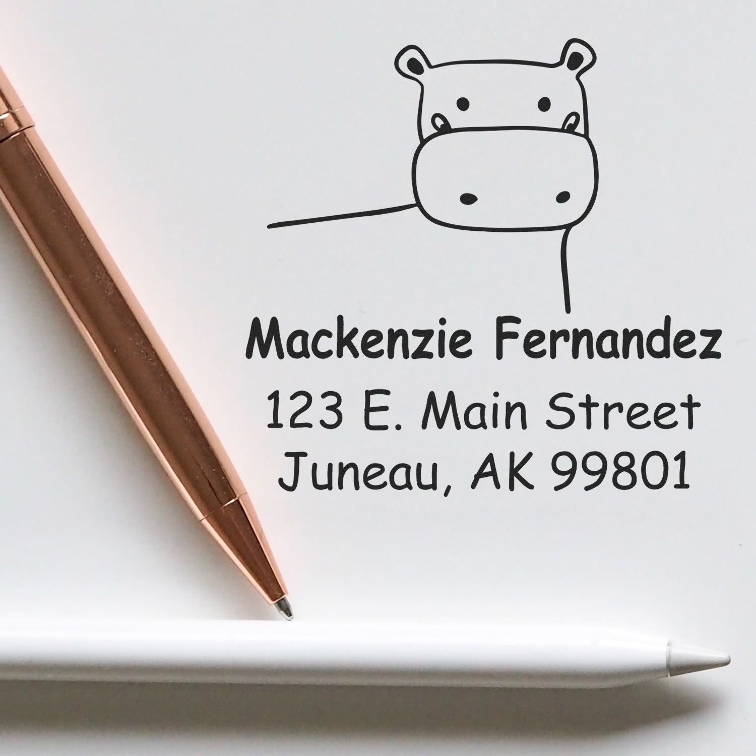 Wood handle happy hippo cartoon animal made to order address stamper next to a rose gold pen and white pencil. Custom address stamp displays "Mackenzie Fernandez, 123 E. Main Street, Juneau, AK 99801" on white paper.
