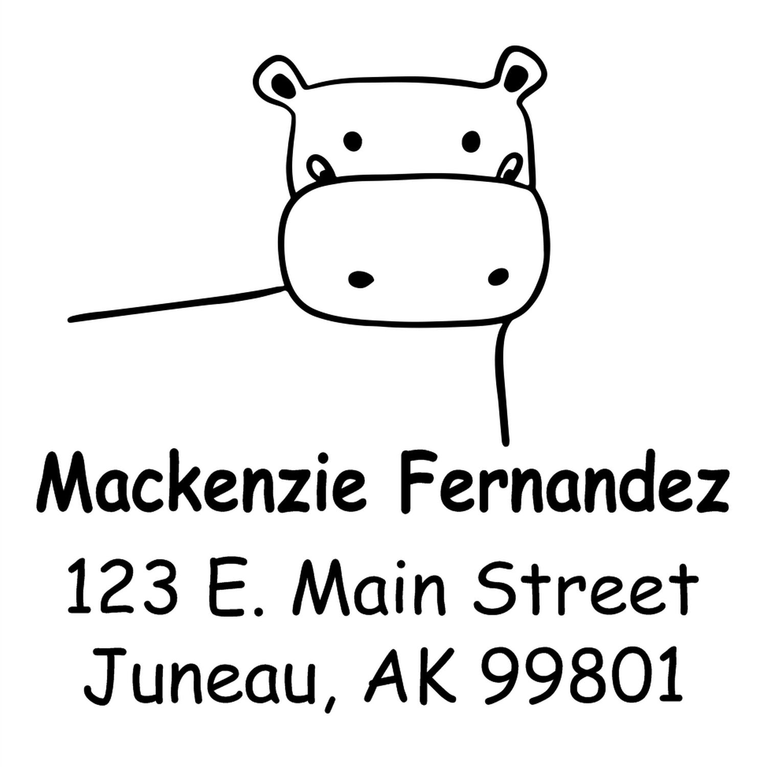 Wood Handle Happy Hippo Cartoon Animal Made To Order Address Stamper featuring a cute hippo design. Personalized Mailing Stamper with the name "Mackenzie Fernandez" and address "123 E. Main Street, Juneau, AK 99801" in playful font.