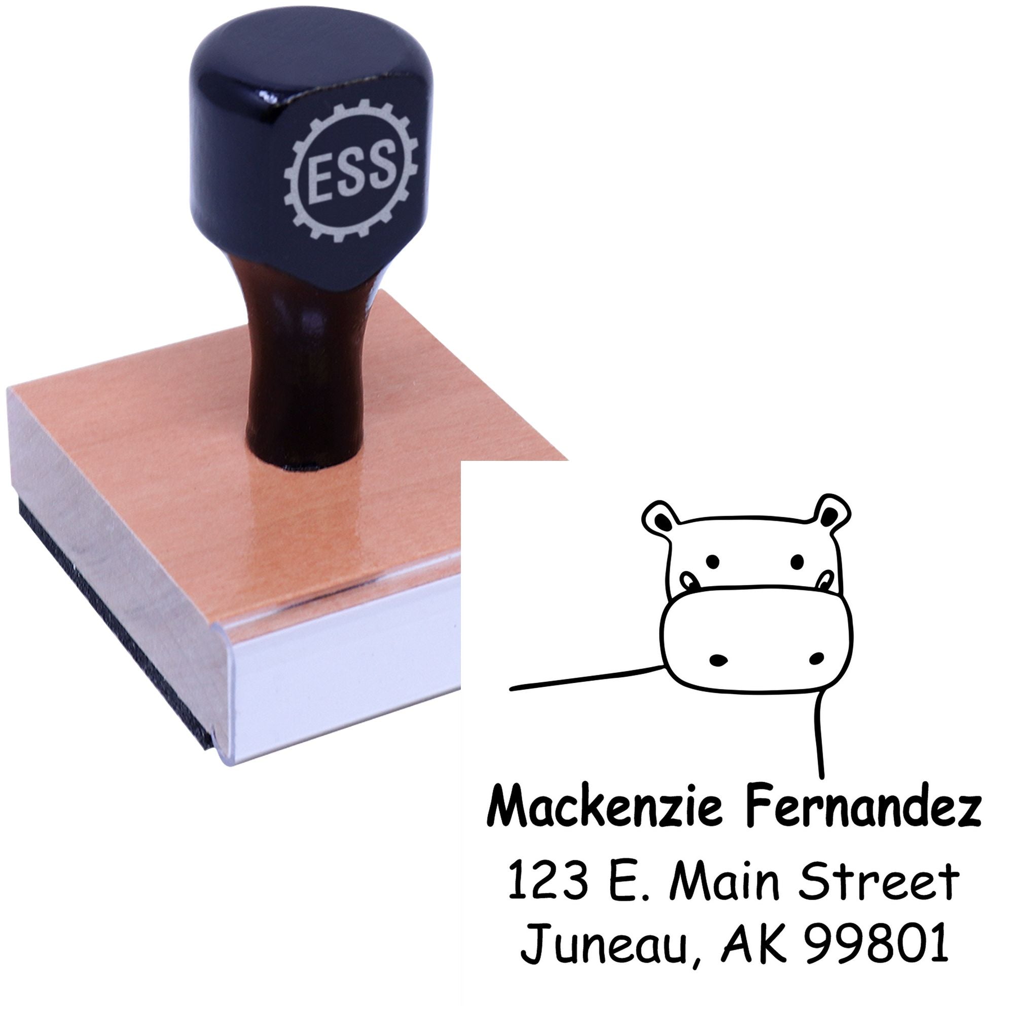Wood handle happy hippo cartoon animal made to order address stamper with personalized home stamper design. Features a wooden base and black handle, showcasing a cute hippo illustration and customizable address text.