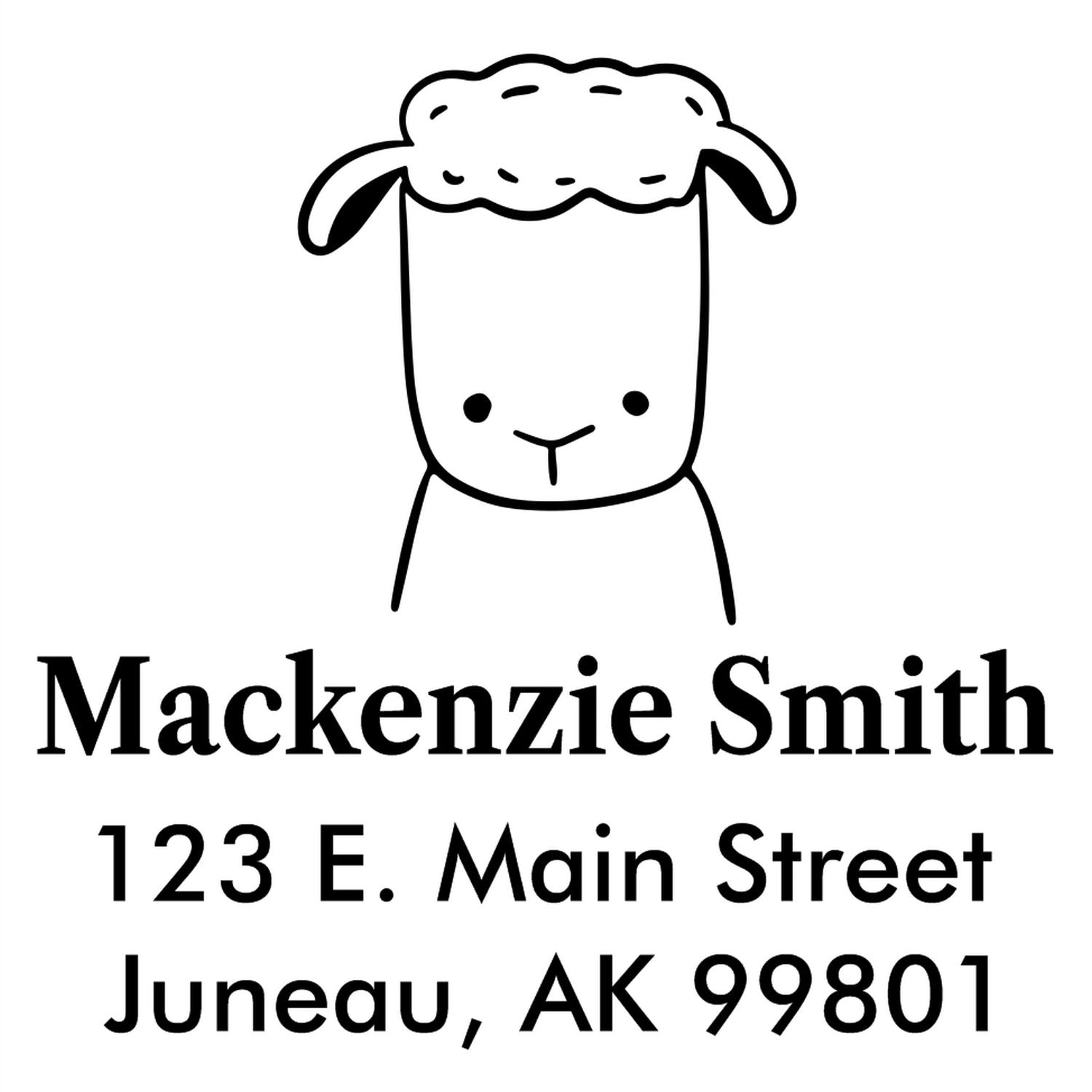Wood handle fluffy sheep cartoon animal made to order name and address stamper. Custom new address stamper featuring a cute sheep design with the name "Mackenzie Smith" and address "123 E. Main Street, Juneau, AK 99801" in black text.