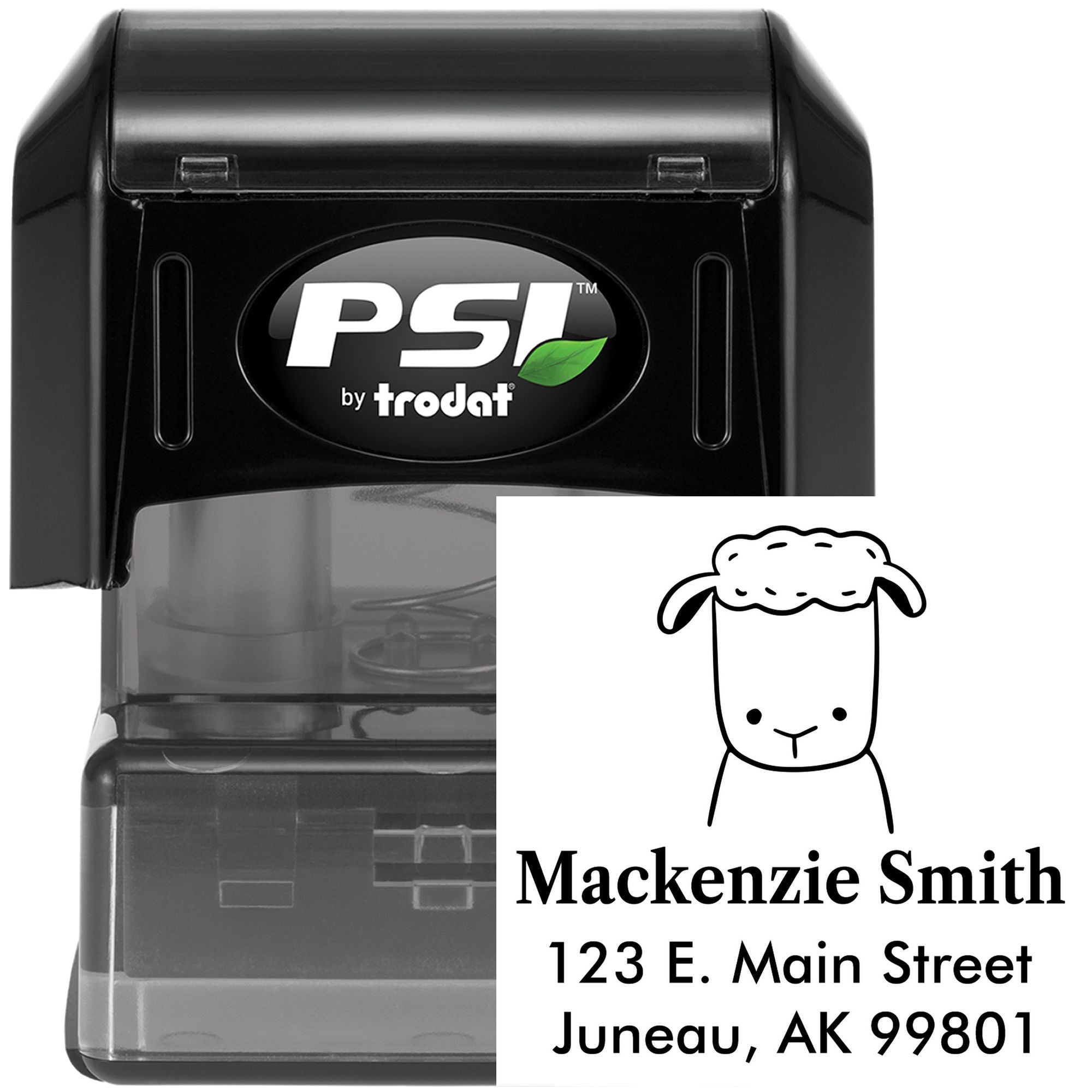 Image of a Fluffy Sheep Pre-Inked Customized Address Stamper featuring a cute sheep illustration. The Custom-Made New Address Stamp displays the name "Mackenzie Smith" with an address in Juneau, AK. The stamper is black with a PSI logo.