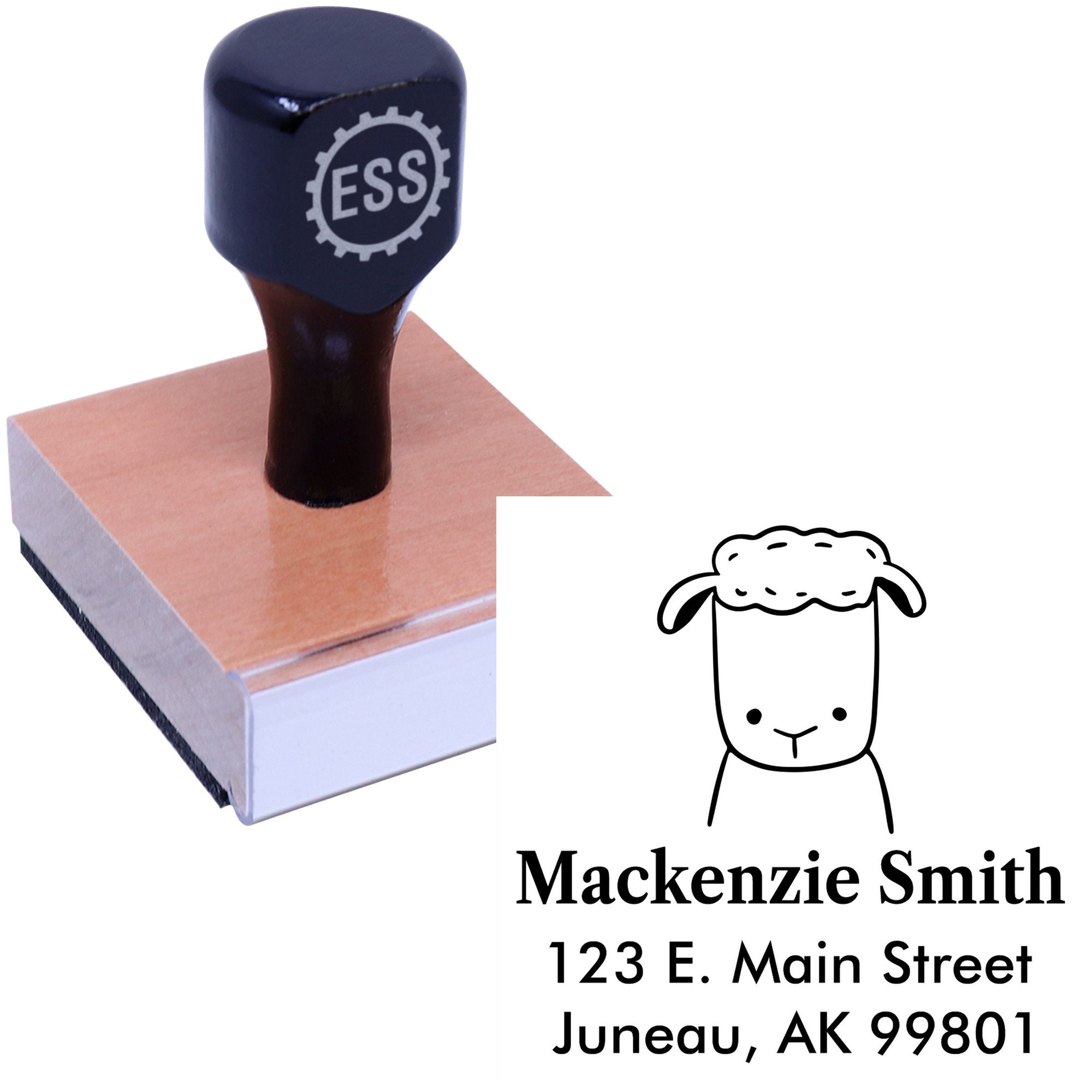 Wood handle fluffy sheep cartoon animal made to order name and address stamper. Personalized mailing stamper with a wooden base and black handle, featuring a cute sheep design and customizable text for personal or business use.