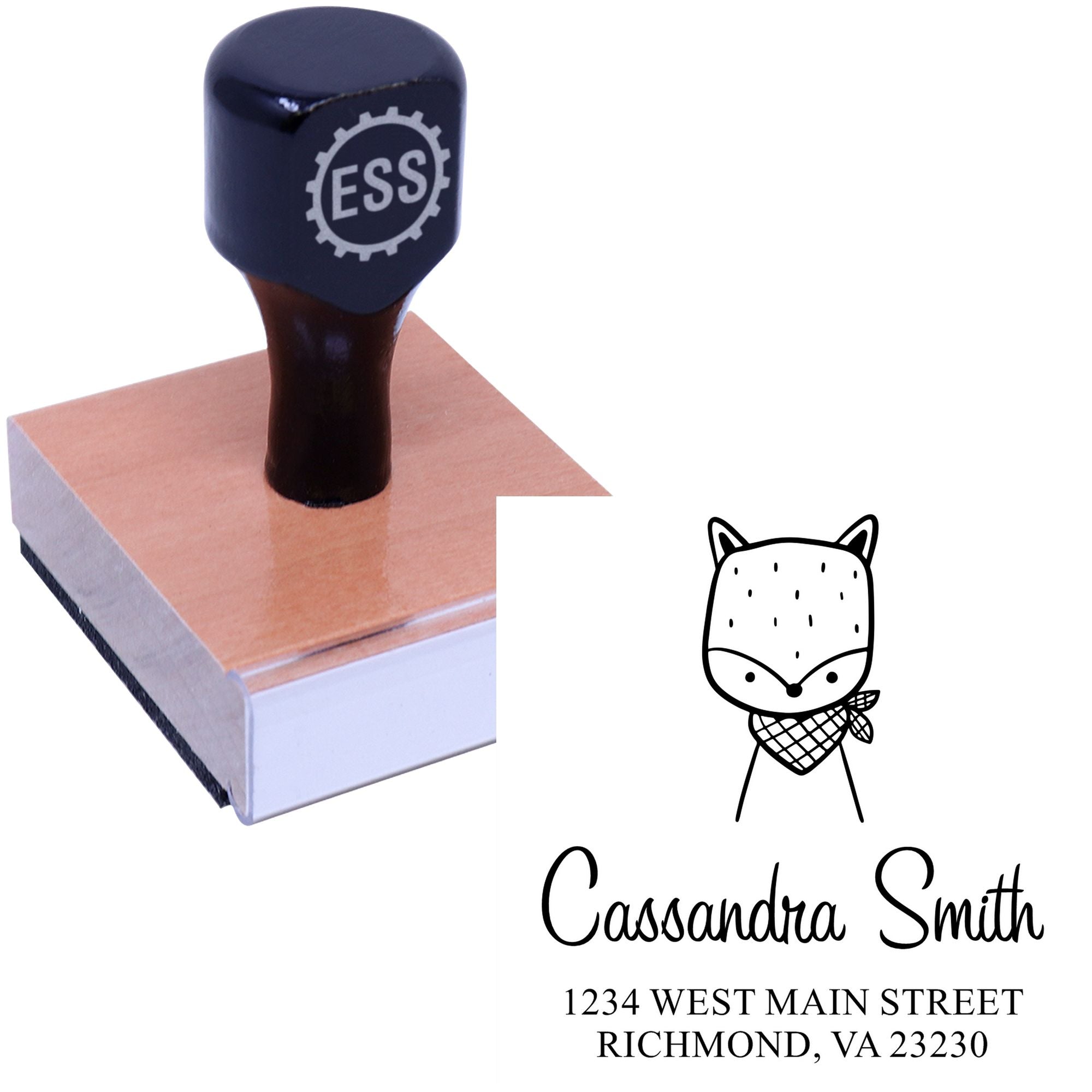 Wood handle fancy fox cartoon animal made to order return address stamp with customizable new address stamper. The stamp features a wooden handle and a cute fox design, perfect for personalizing mail with a custom address.