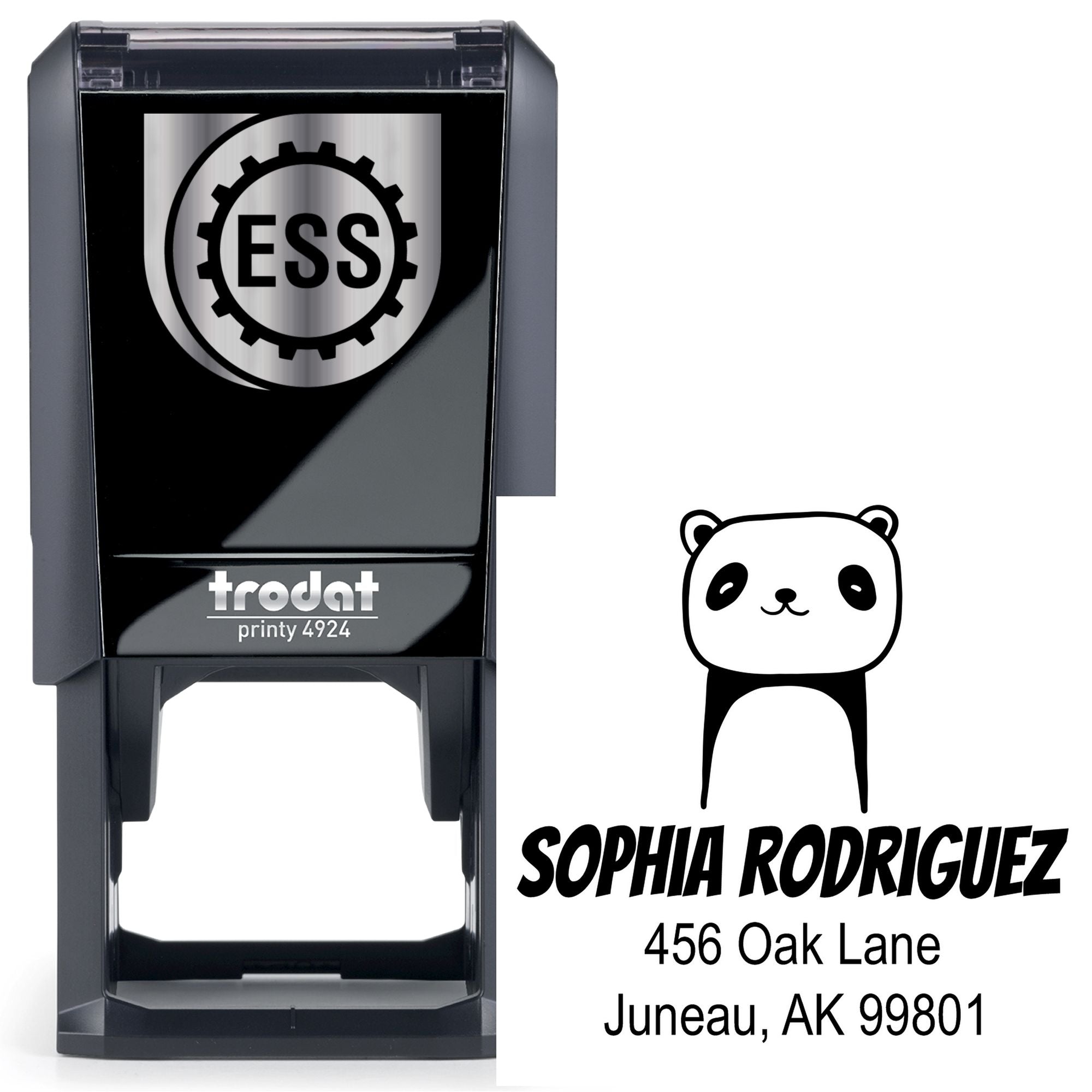 Self-Inking Cartoon Animal Playful Panda Custom Made Return Address Stamp featuring a customizable home stamper design. The stamp shows a cute panda illustration with the name Sophia Rodriguez and an address in Juneau, AK.