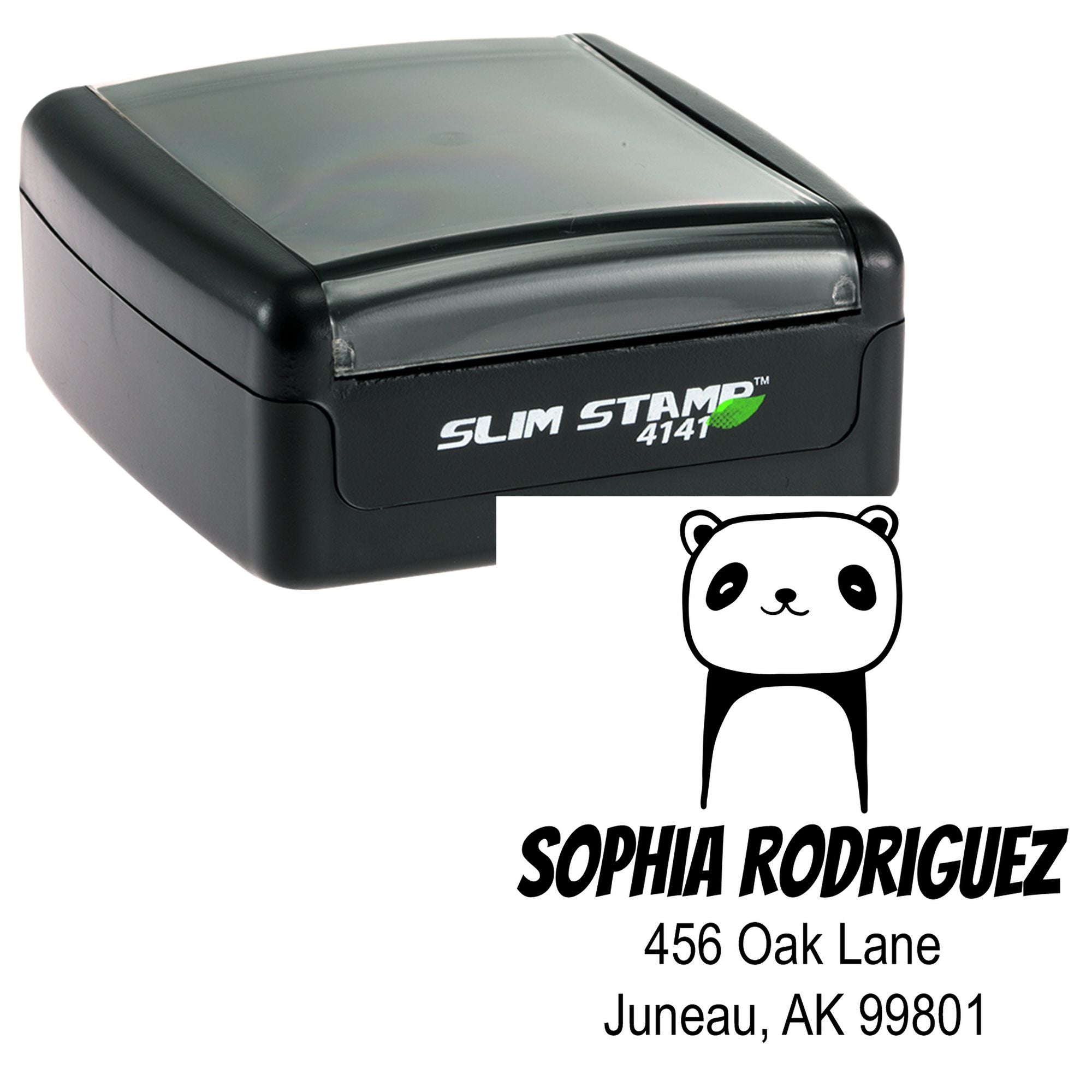 Portable Pre-Inked Playful Panda Custom Designed Name And Address Stamp featuring a cute panda graphic. This customizable return mail stamp displays the name "Sophia Rodriguez" with an address, ideal for personalizing correspondence.