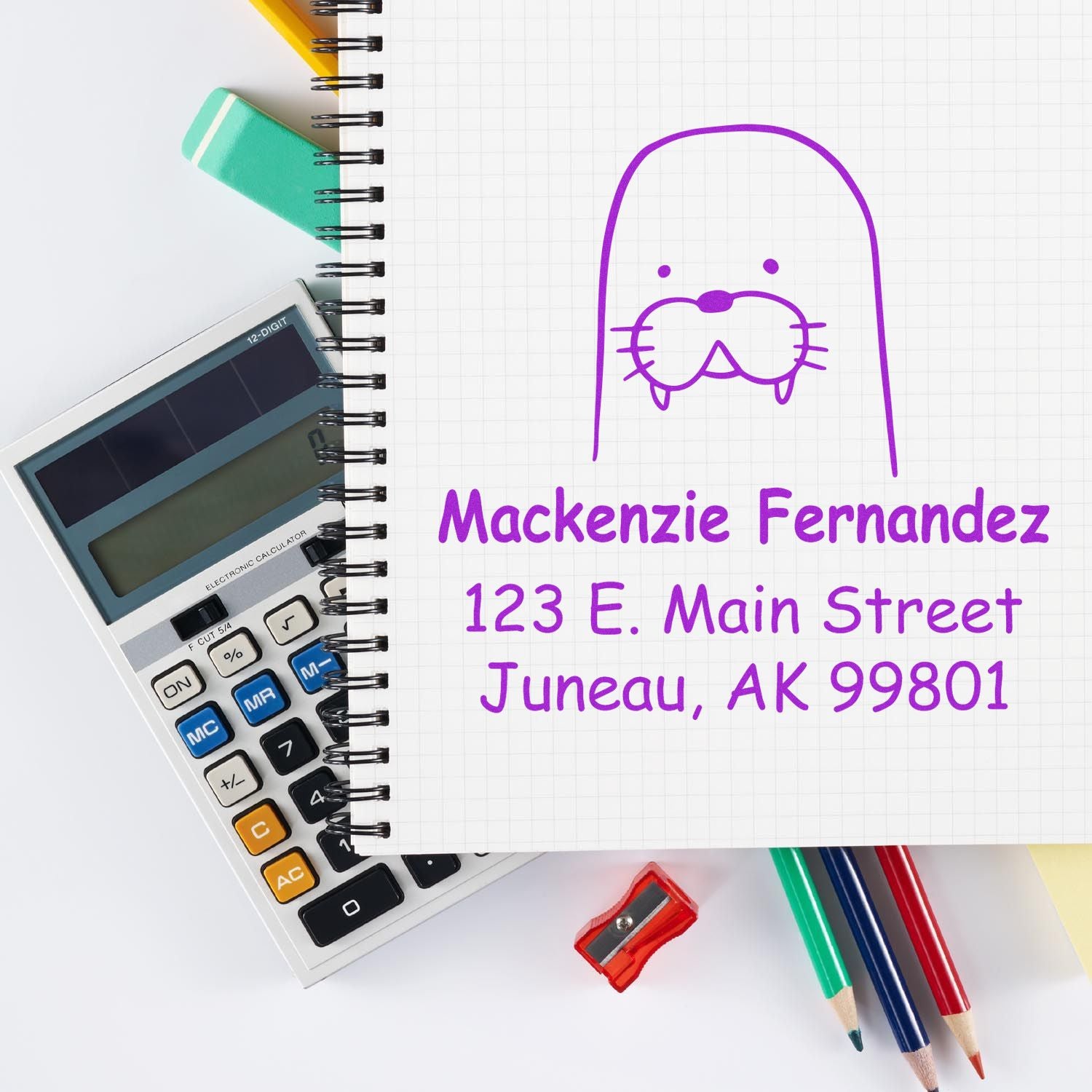 Portable Pre-Inked Wacky Walrus Custom Designed Name And Address Stamper in use on a notebook page. The Customizable Home Stamp displays "Mackenzie Fernandez, 123 E. Main Street, Juneau, AK 99801" in purple ink, surrounded by stationery items.
