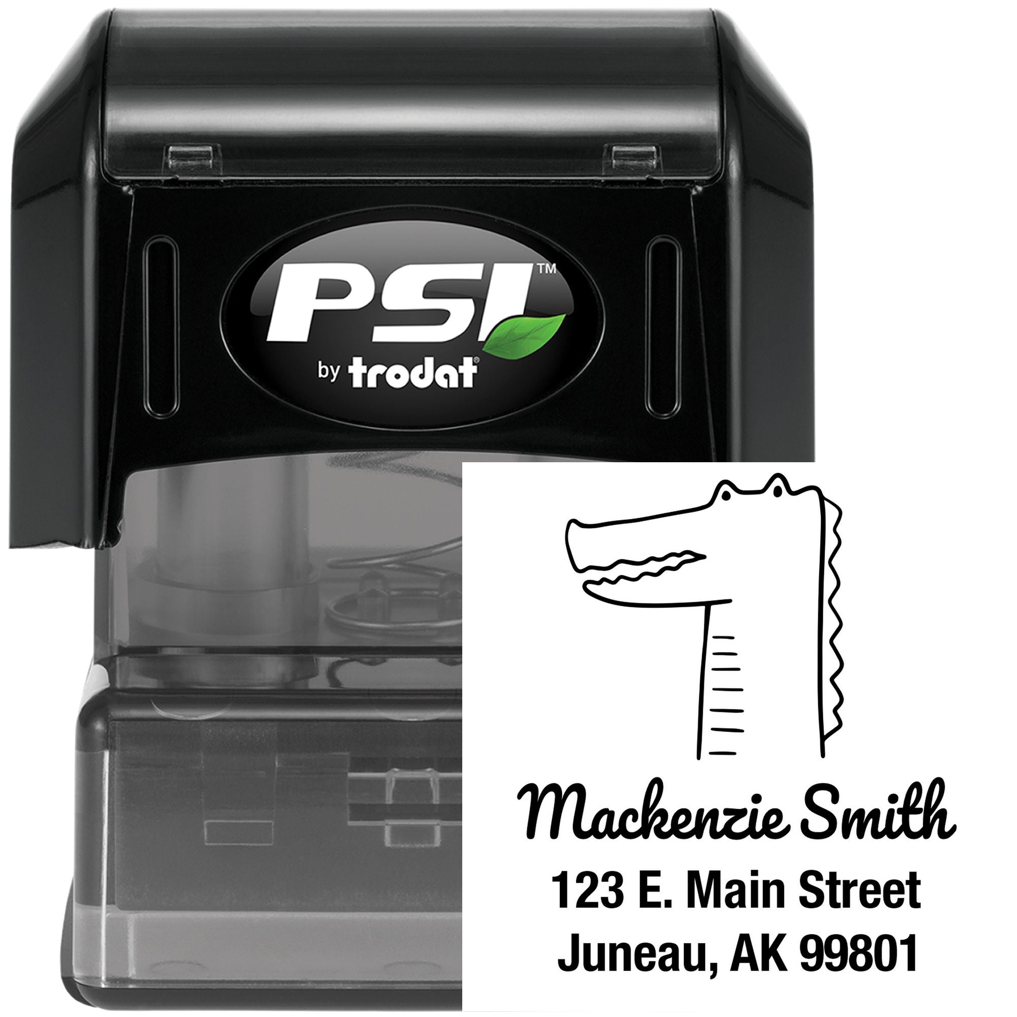 Bright-Eyed Crocodile Pre-Inked Customized Return Address Stamper featuring a crocodile illustration and personalized address. This Custom-Made Return Mail Stamper is shown in black with clear casing, displaying the name "Mackenzie Smith" and an address in Juneau, AK.