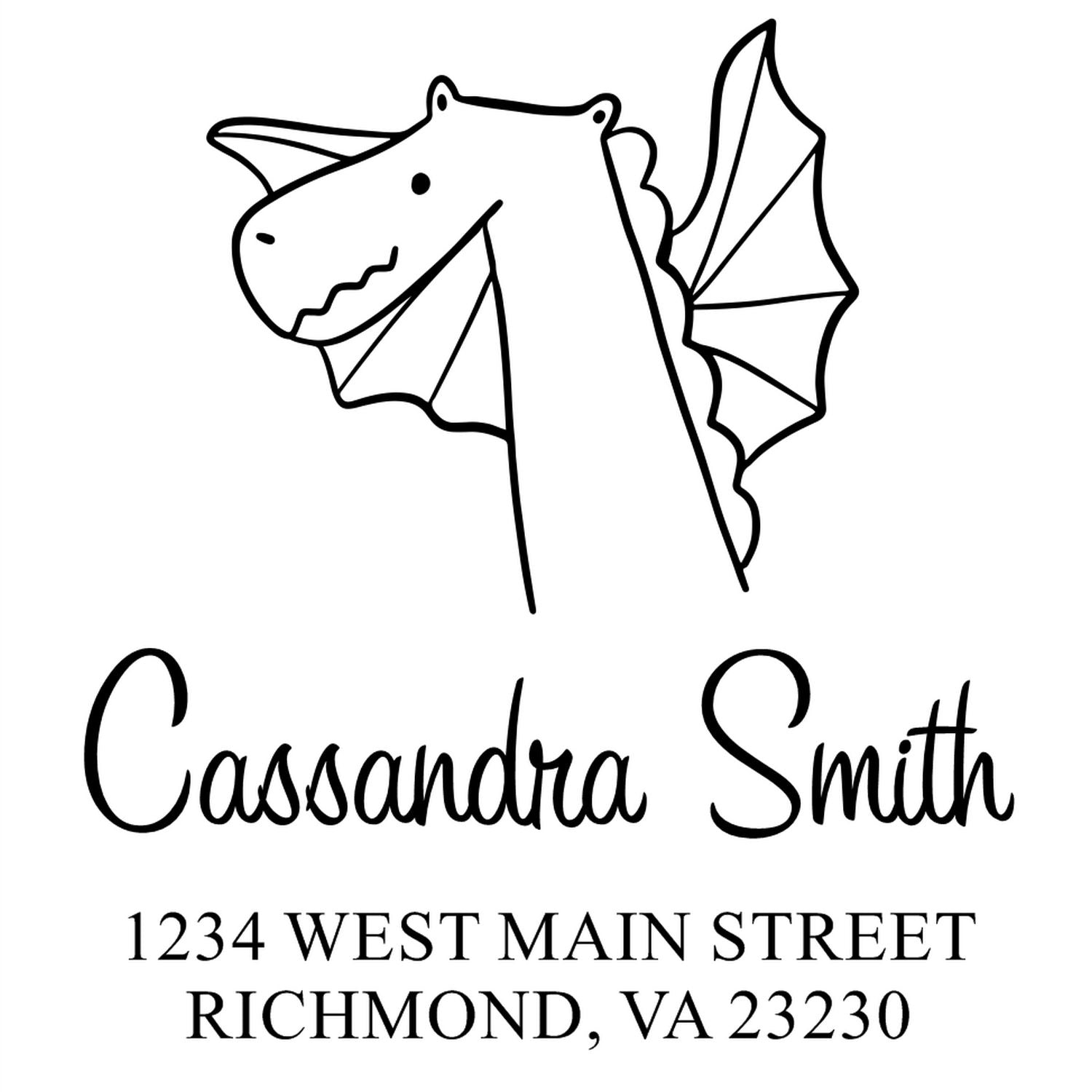 Wood Handle Dragon Delight Cartoon Animal Made To Order Return Address Stamper featuring a smiling dragon illustration. Personalizable New Address Stamper with "Cassandra Smith, 1234 West Main Street, Richmond, VA 23230" text.