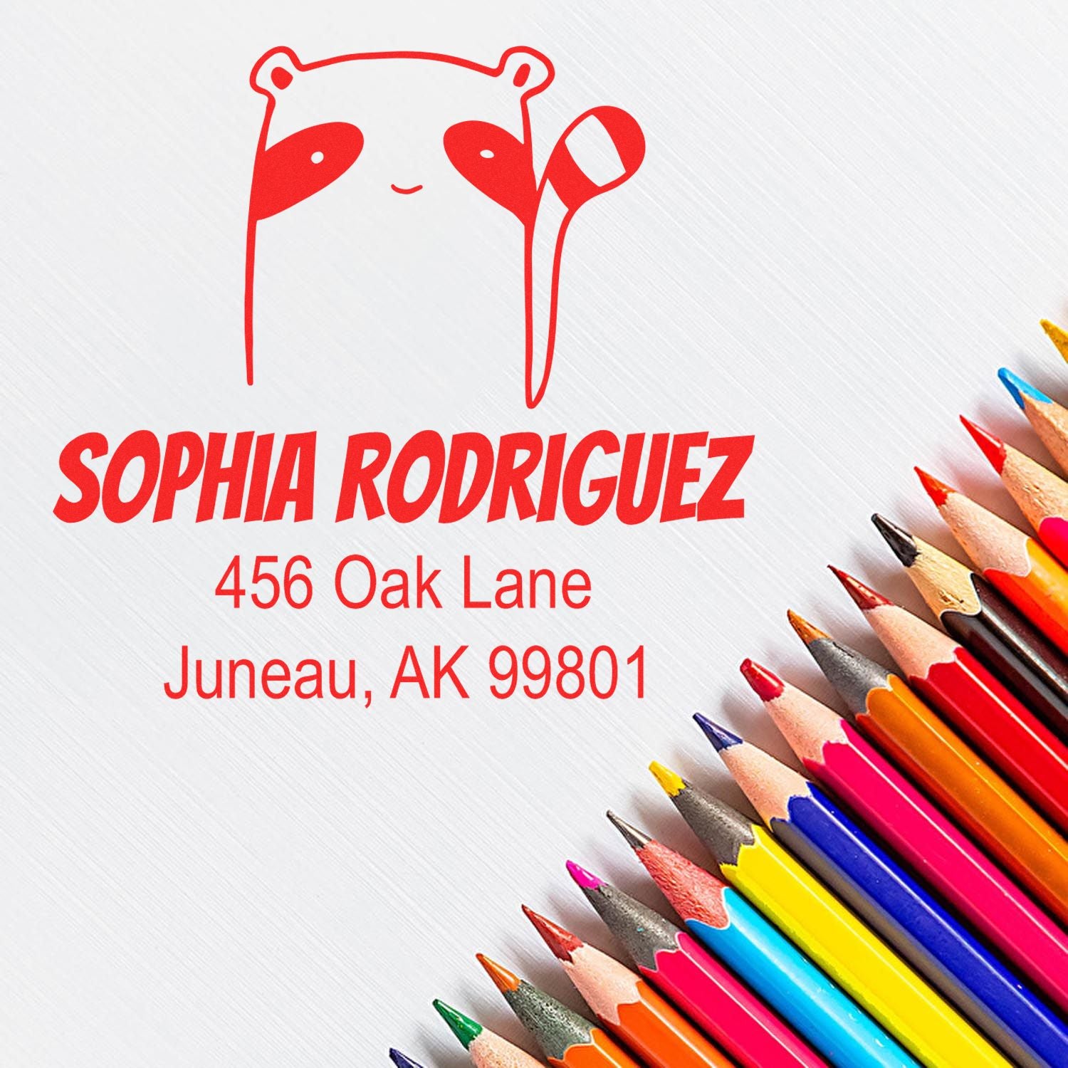 Self-Inking Cartoon Animal Renegade Racoon Custom Made Return Address Stamper with red ink featuring a raccoon design and customizable return mail stamp details for Sophia Rodriguez, 456 Oak Lane, Juneau, AK 99801, next to colorful pencils.