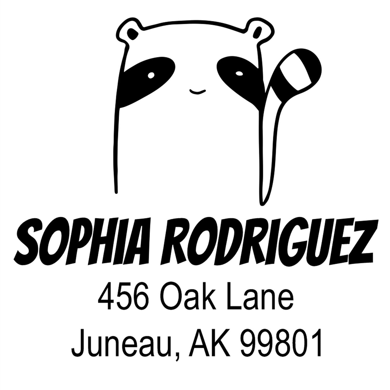 Self-Inking Cartoon Animal Renegade Racoon Custom Made Return Address Stamper featuring a cute raccoon design. Text reads "Sophia Rodriguez, 456 Oak Lane, Juneau, AK 99801." Perfect for a customizable mailing stamper.