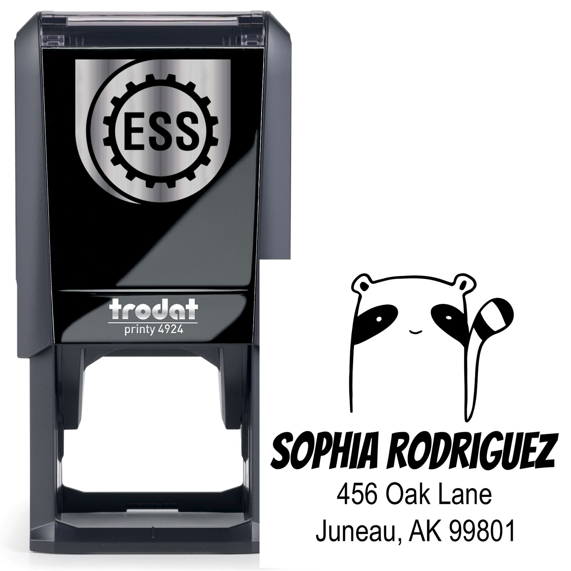 Self-inking stamper featuring a cartoon animal renegade raccoon design. The custom-made return address stamper displays "Sophia Rodriguez, 456 Oak Lane, Juneau, AK 99801." Ideal as a customizable home stamper for personal or business use.