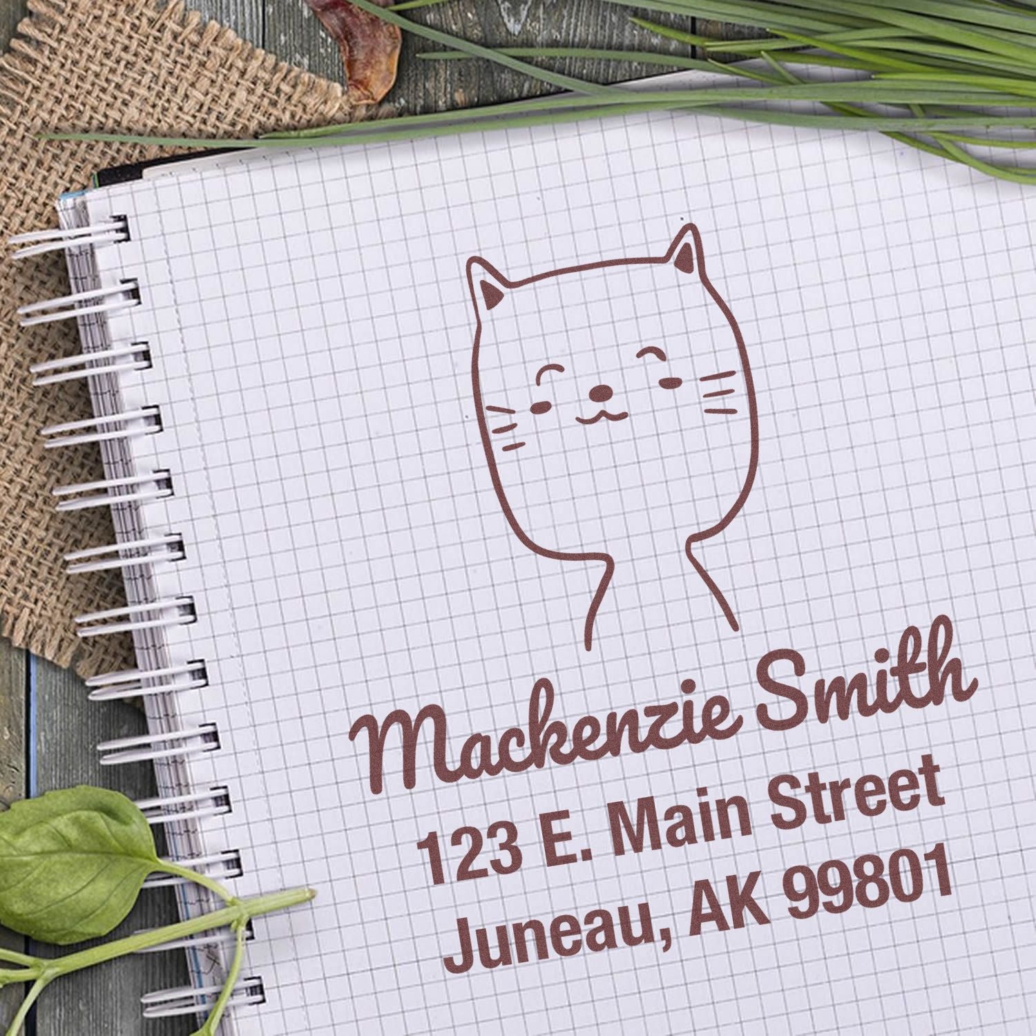 Wood handle charming cat cartoon animal custom mail stamp on a notebook. The custom-made address stamp features "Mackenzie Smith, 123 E. Main Street, Juneau, AK 99801" in brown ink. The notebook is on a wooden surface with leaves and burlap.