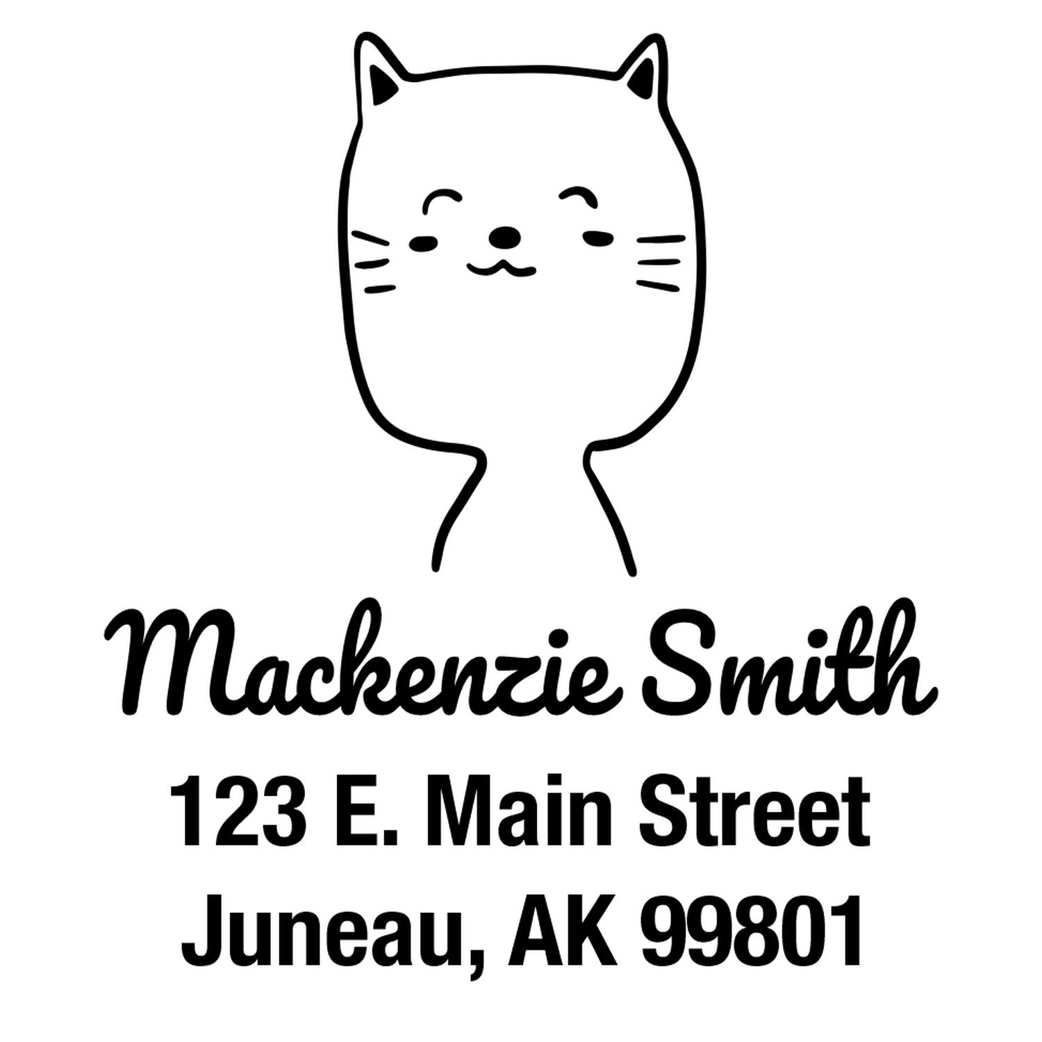 Wood handle charming cat cartoon animal custom mail stamp featuring a cute cat illustration above the name "Mackenzie Smith" and address "123 E. Main Street, Juneau, AK 99801." Ideal for a custom return mail stamper.