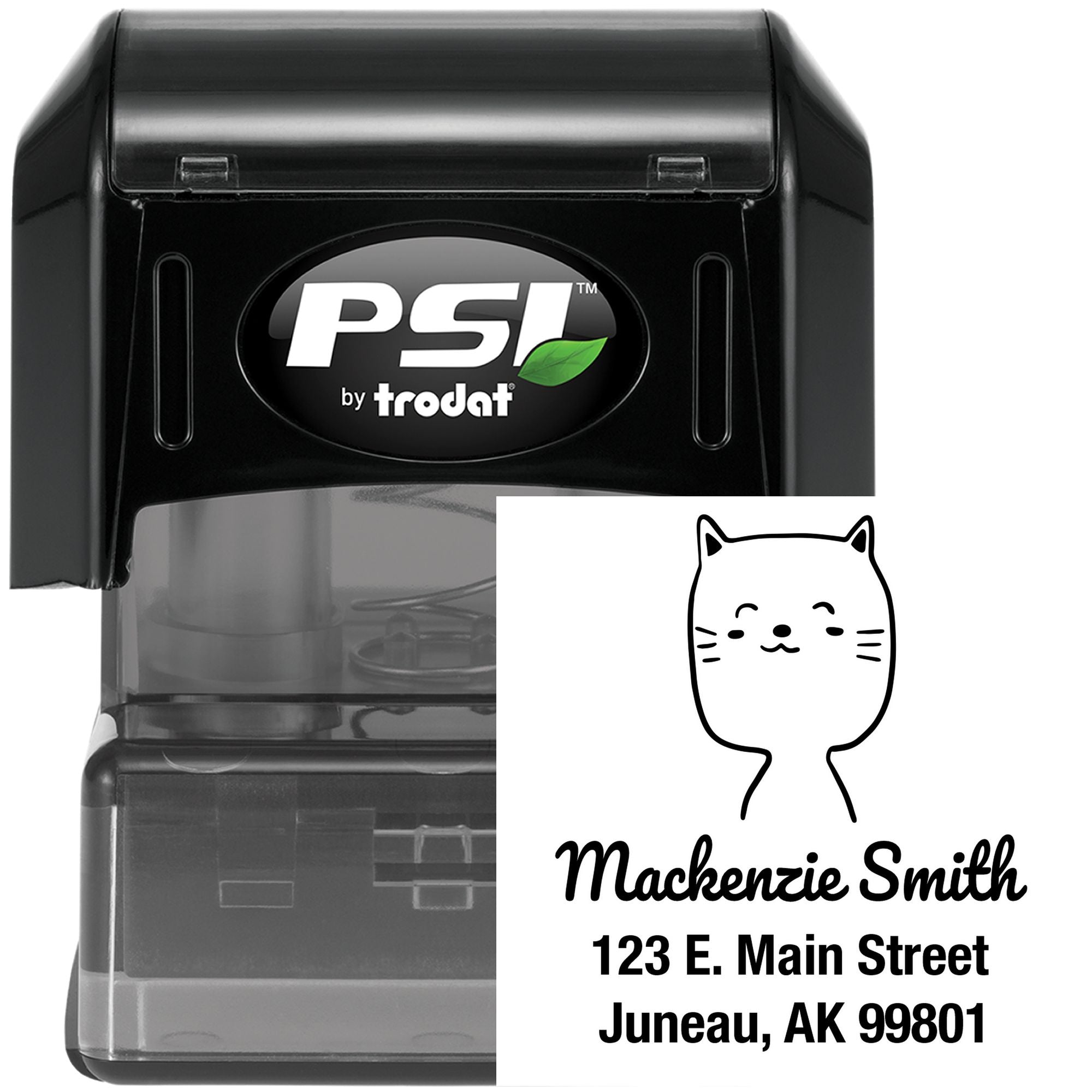Image of a Charming Cat Pre-Inked Customized New Home Stamp featuring a cute cat illustration. The Personalized New Address Stamper displays the name "Mackenzie Smith" with an address in Juneau, AK. The stamp is black with a clear base.