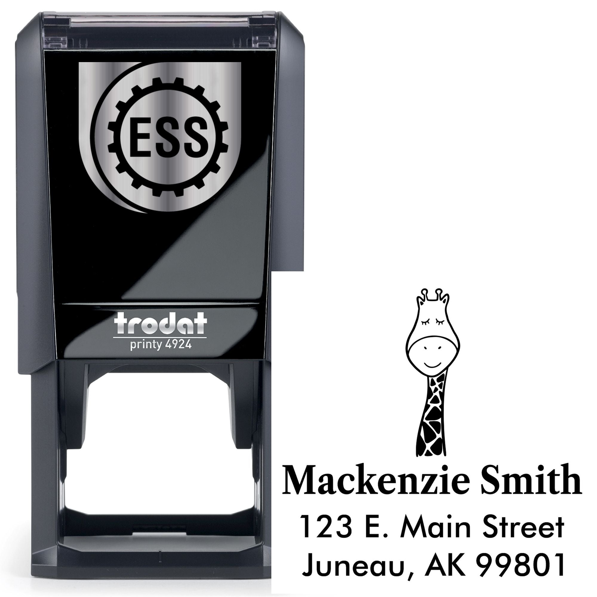 Self-Inking Cartoon Animal Jolly Giraffe Personalized Mail Stamp featuring a smiling giraffe design. This personalizable address stamper includes the name "Mackenzie Smith" and address "123 E. Main Street, Juneau, AK 99801" on a black Trodat Printy 4924.