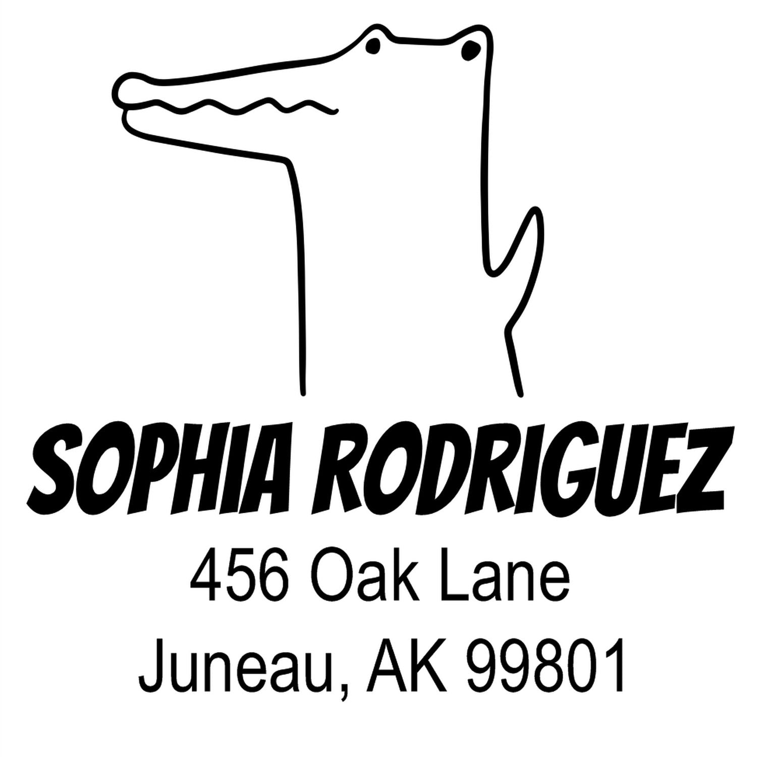 Wood handle charming crocodile cartoon animal custom return address stamper featuring a playful crocodile design. Personalizable mailing stamper with the name "Sophia Rodriguez" and address "456 Oak Lane, Juneau, AK 99801" in bold, black text.