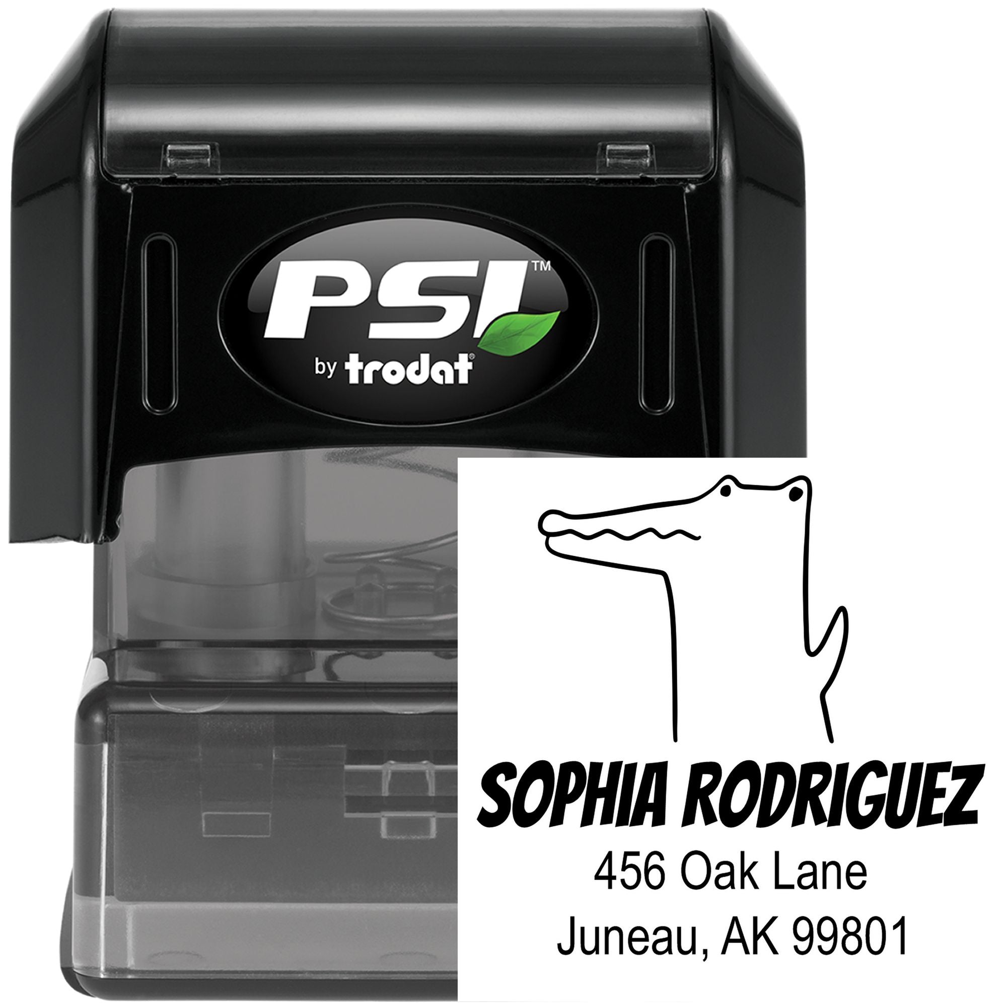 Image of a Charming Crocodile Pre-Inked Handcrafted Mail Stamper. The customizable return mail stamp features a simple crocodile illustration with the name "Sophia Rodriguez" and an address. The stamper is black with a PSI by Trodat logo.