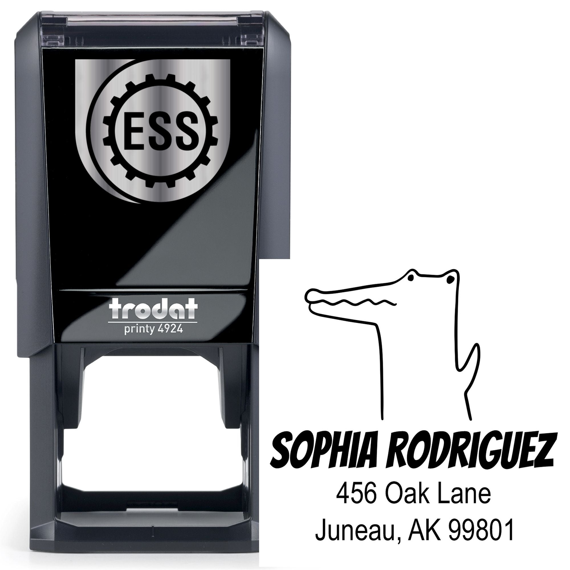 Self-Inking Cartoon Animal Charming Crocodile Personalized Return Address Stamp featuring a cute crocodile illustration. The address stamp displays "Sophia Rodriguez, 456 Oak Lane, Juneau, AK 99801" next to a black self-inking stamp device.