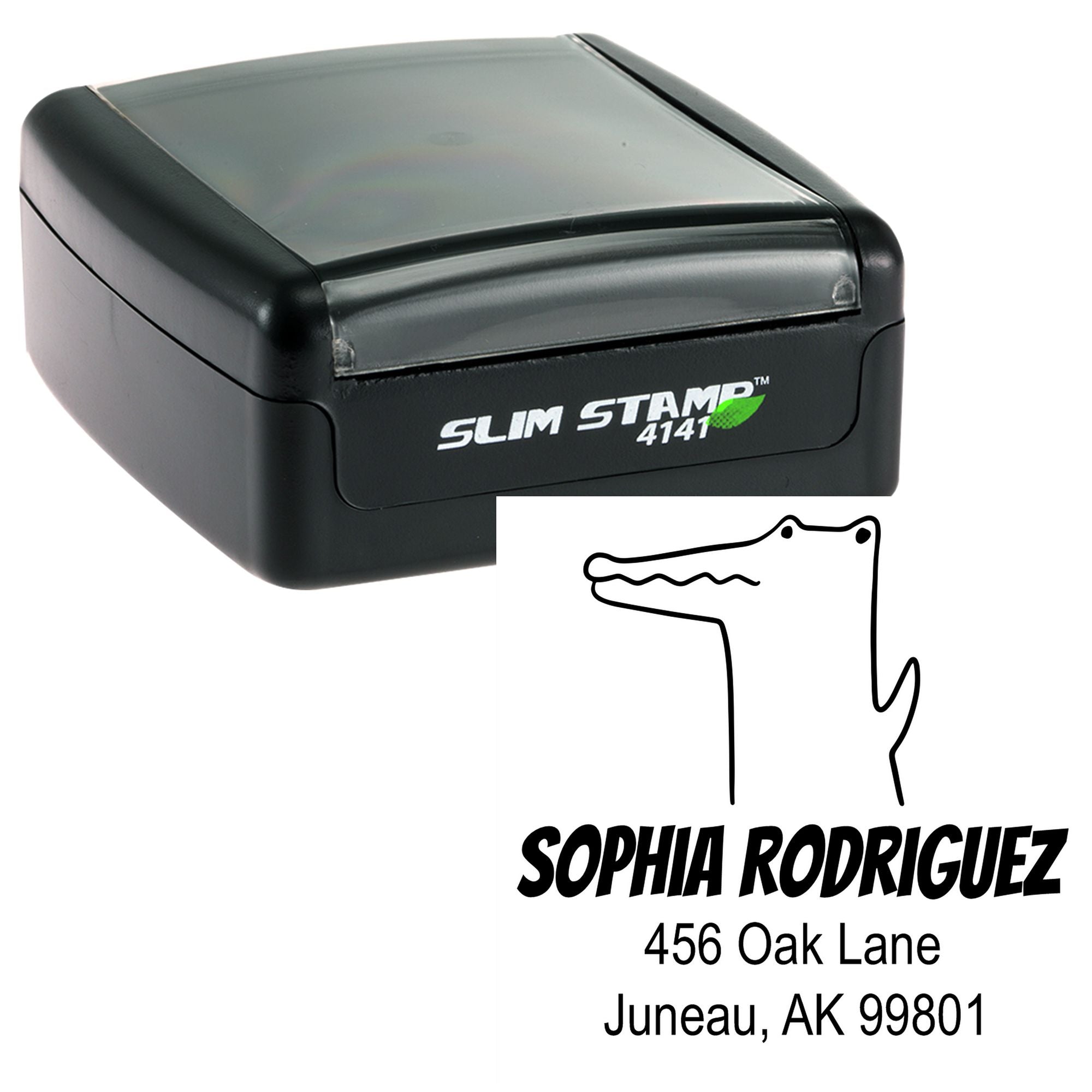 Portable pre-inked charming crocodile made-to-order mail stamp with custom new address stamp design. The black stamp features a crocodile illustration and personalized address for Sophia Rodriguez, 456 Oak Lane, Juneau, AK 99801.