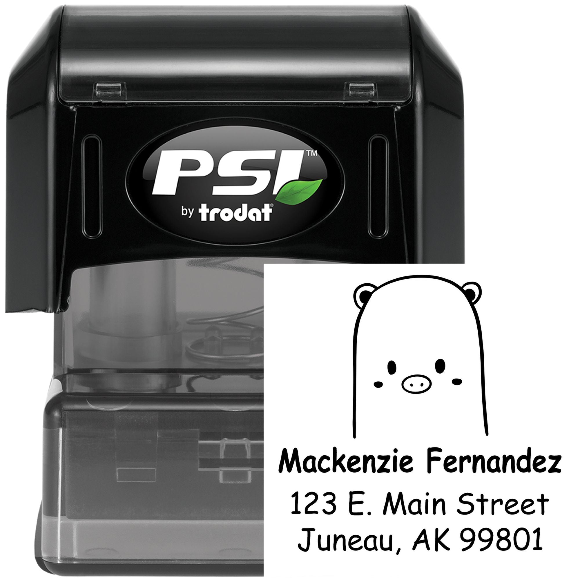 Beautiful Bear Pre-Inked Handcrafted Return Address Stamp featuring a cute bear design. This personalizable mailing stamp displays the name "Mackenzie Fernandez" with an address in Juneau, AK. The stamp is black with PSI branding.