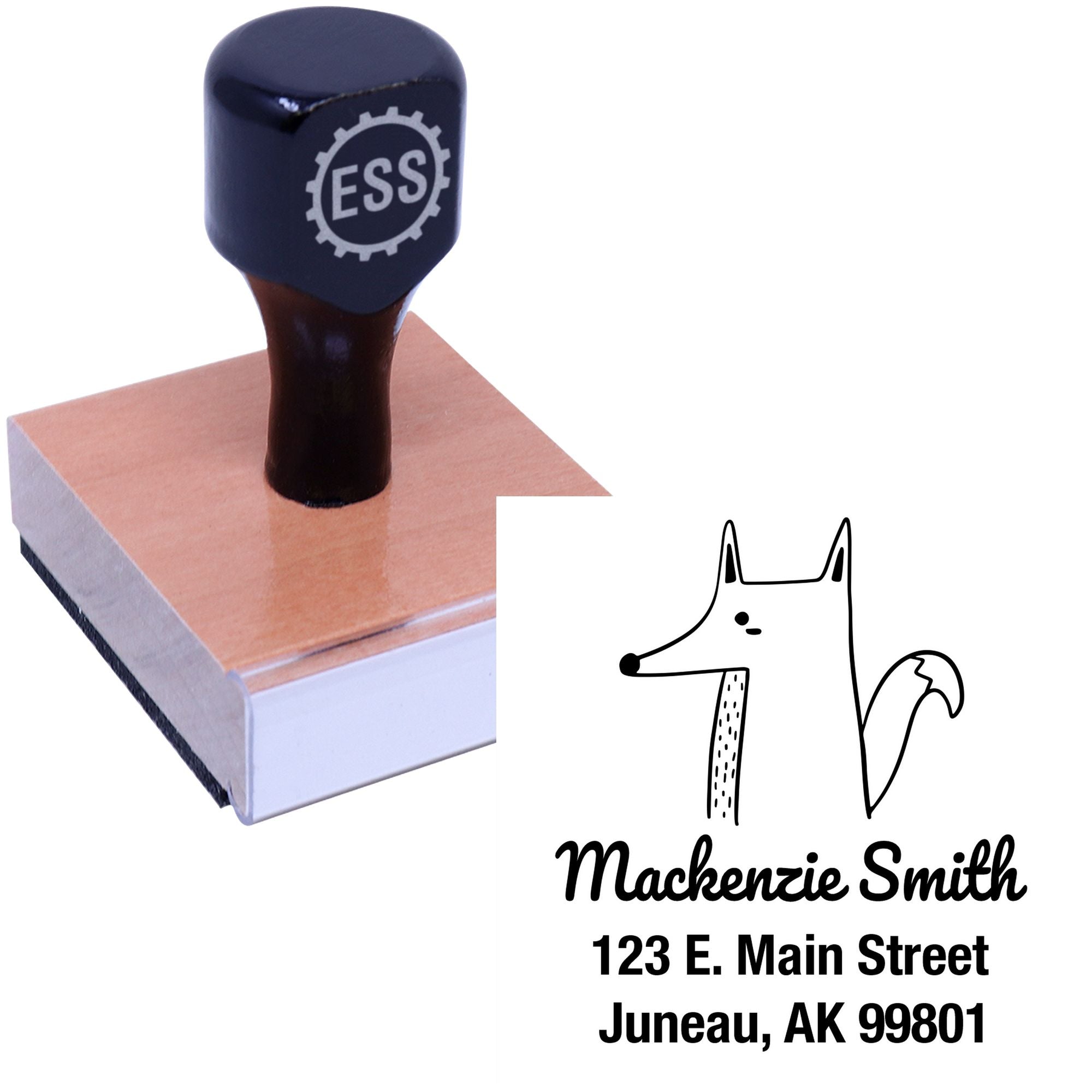 Wood handle finicky fox cartoon animal custom address stamper with a black top and wooden base. The design features a fox illustration and personalized address details. Ideal for a customized new address stamper.