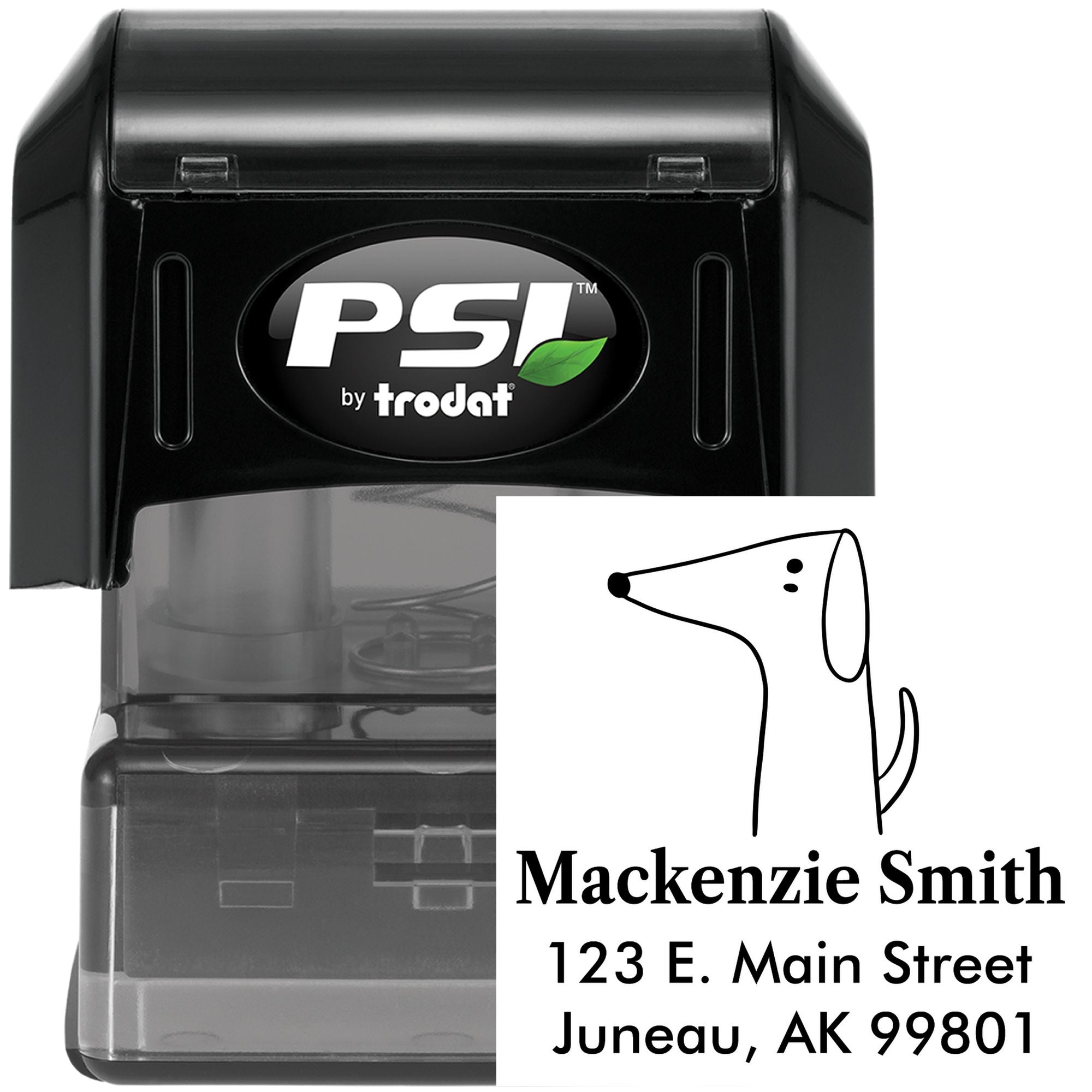 Image of a Perky Pooch Pre-Inked Handcrafted Address Stamp featuring a dog illustration. The Personalizable Address Stamp displays the name "Mackenzie Smith" with an address in Juneau, AK. The stamp is black with a transparent base.