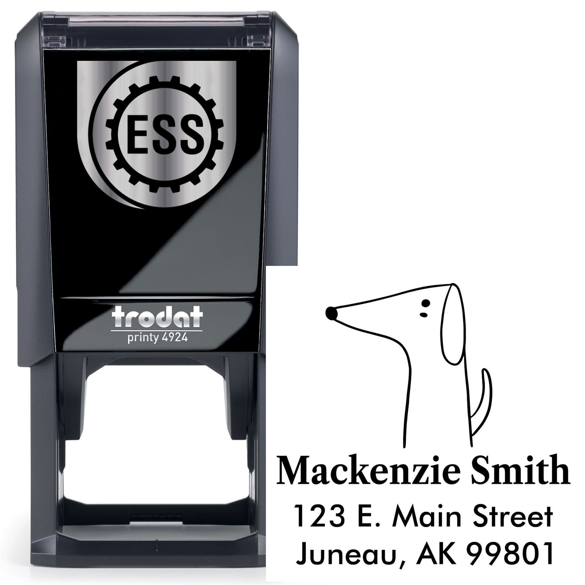 Self-Inking Cartoon Animal Perky Pooch Personalized Address Stamper featuring a simple dog illustration. The Personalized New Address Stamper displays "Mackenzie Smith, 123 E. Main Street, Juneau, AK 99801" with a sleek black design.