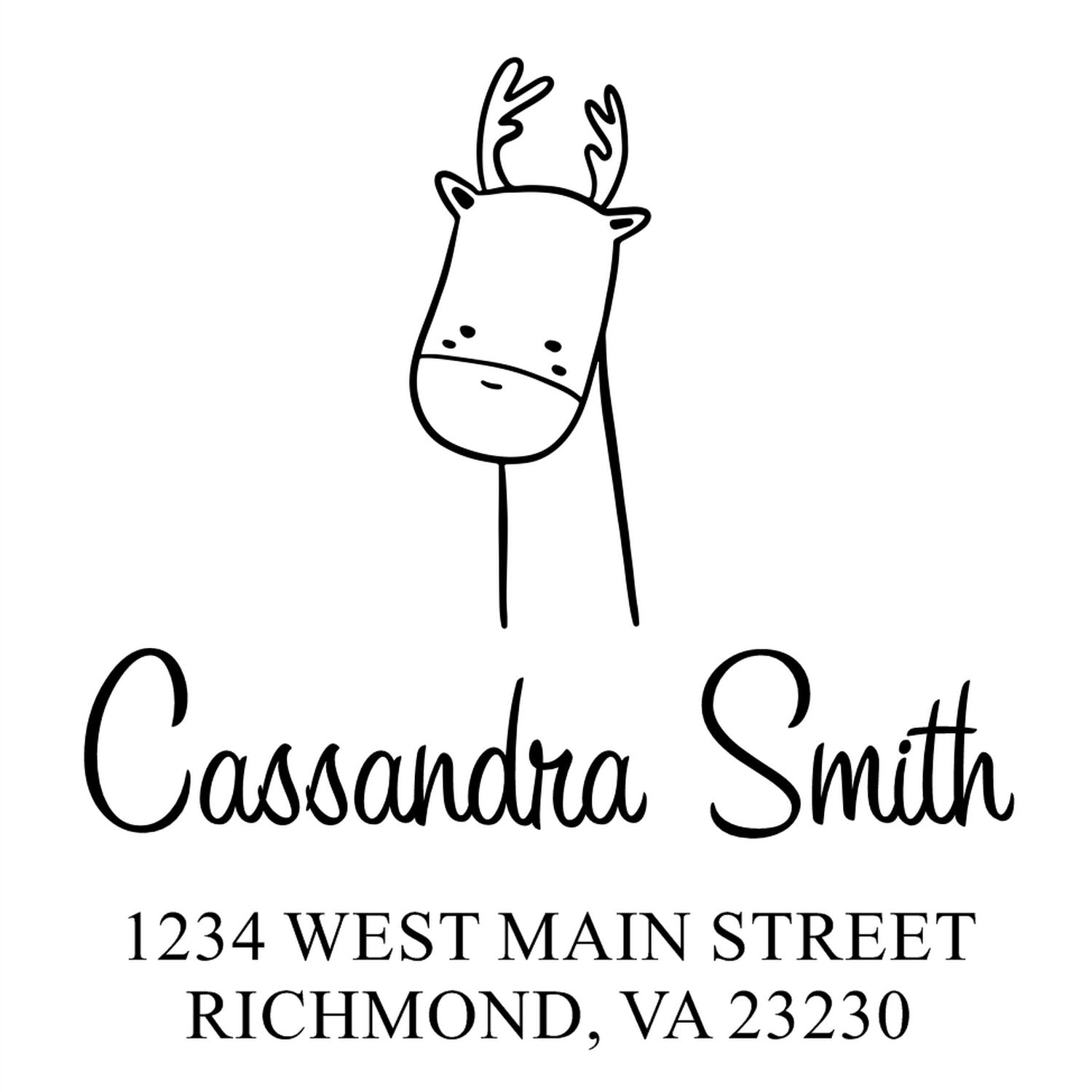 Wood handle darling deer cartoon animal custom mailing stamper featuring a cute deer illustration. Personalizable home stamper with the name "Cassandra Smith" and address "1234 West Main Street, Richmond, VA 23230" in elegant font.