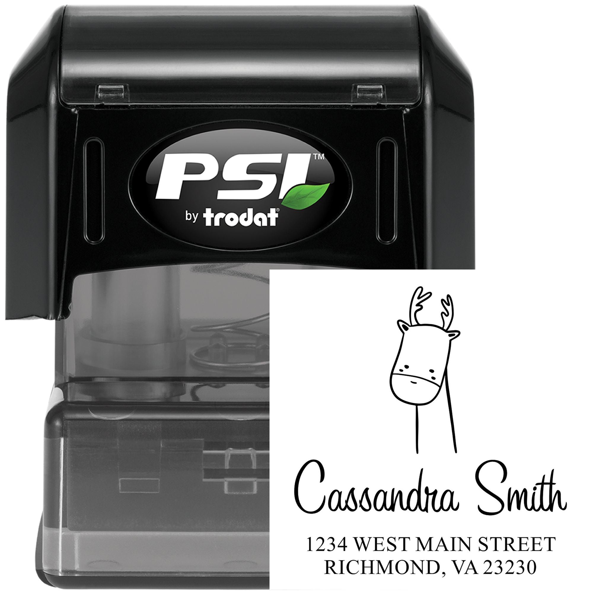 A black Darling Deer Pre-Inked Handcrafted Address Stamper with a custom mailing design. The stamp features a cute deer illustration and personalized address details for Cassandra Smith, 1234 West Main Street, Richmond, VA 23230.