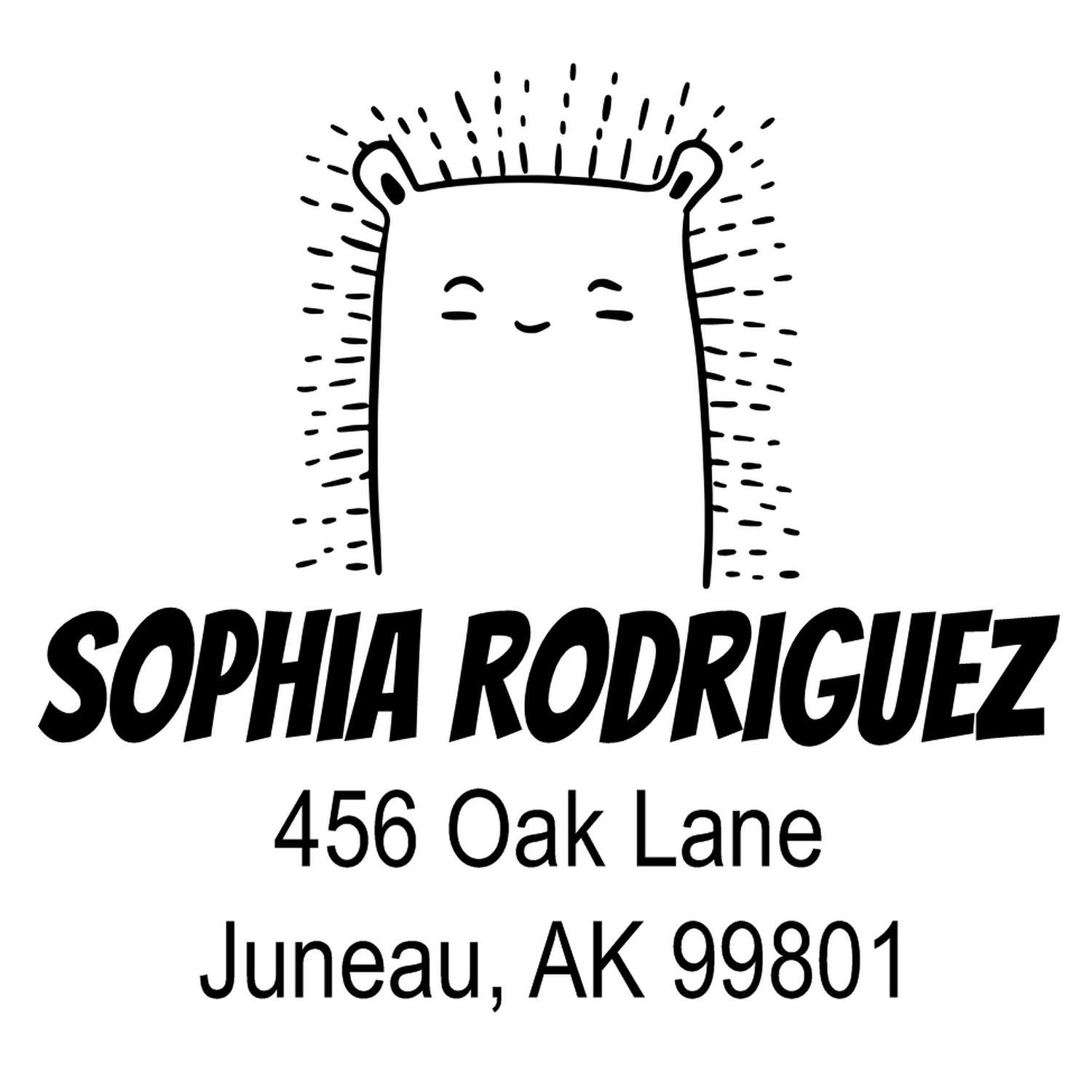 Portable Pre-Inked Bouncy Bear Made To Order Address Stamper featuring a cute bear design. Personalized Mailing Stamp with the name Sophia Rodriguez and address 456 Oak Lane, Juneau, AK 99801 in bold, playful font.