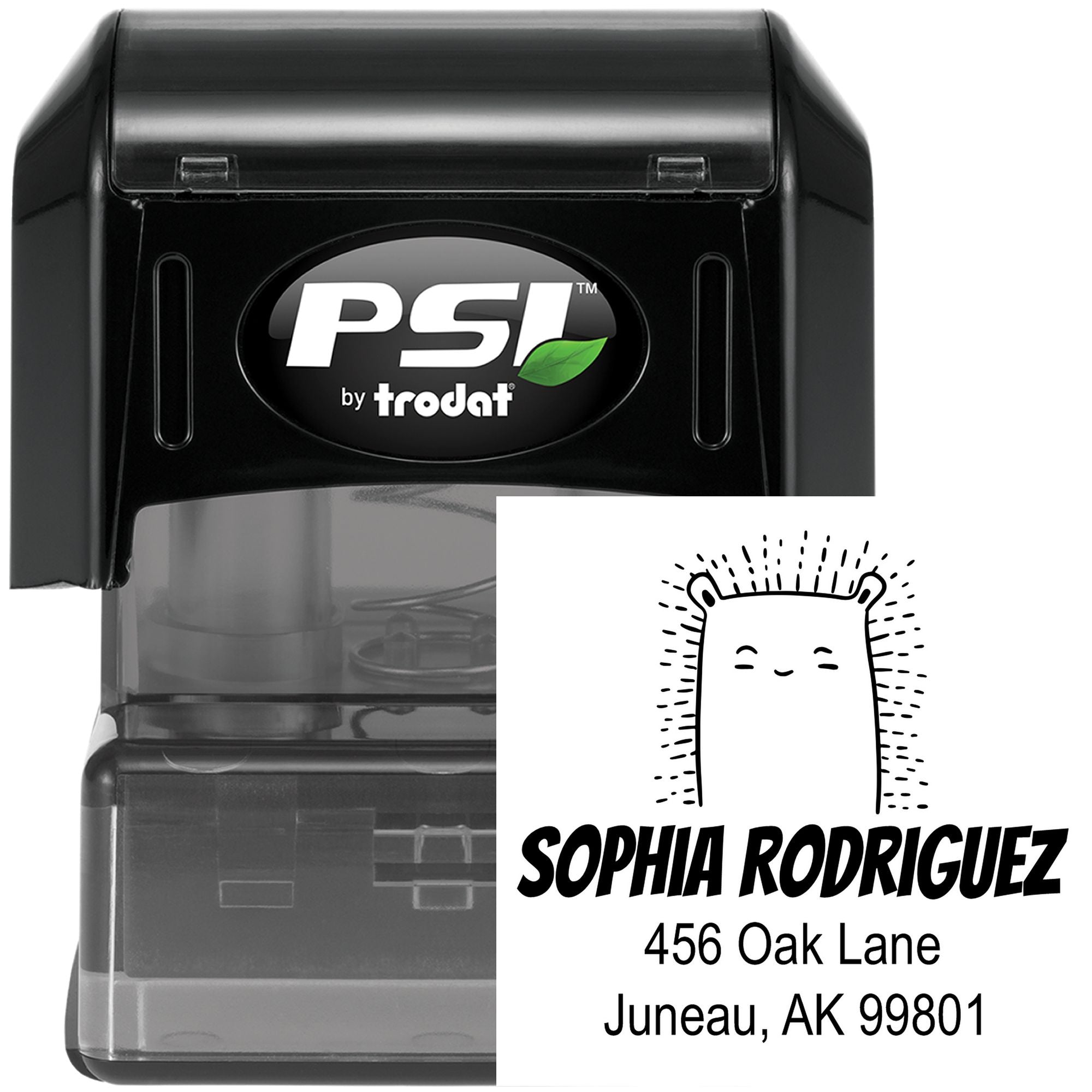 Bouncy Bear Pre-Inked Handcrafted Mailing Stamp featuring a cute bear design. The Customized Address Stamp displays "Sophia Rodriguez, 456 Oak Lane, Juneau, AK 99801" in black ink. The stamp is shown with a clear casing and PSI branding.