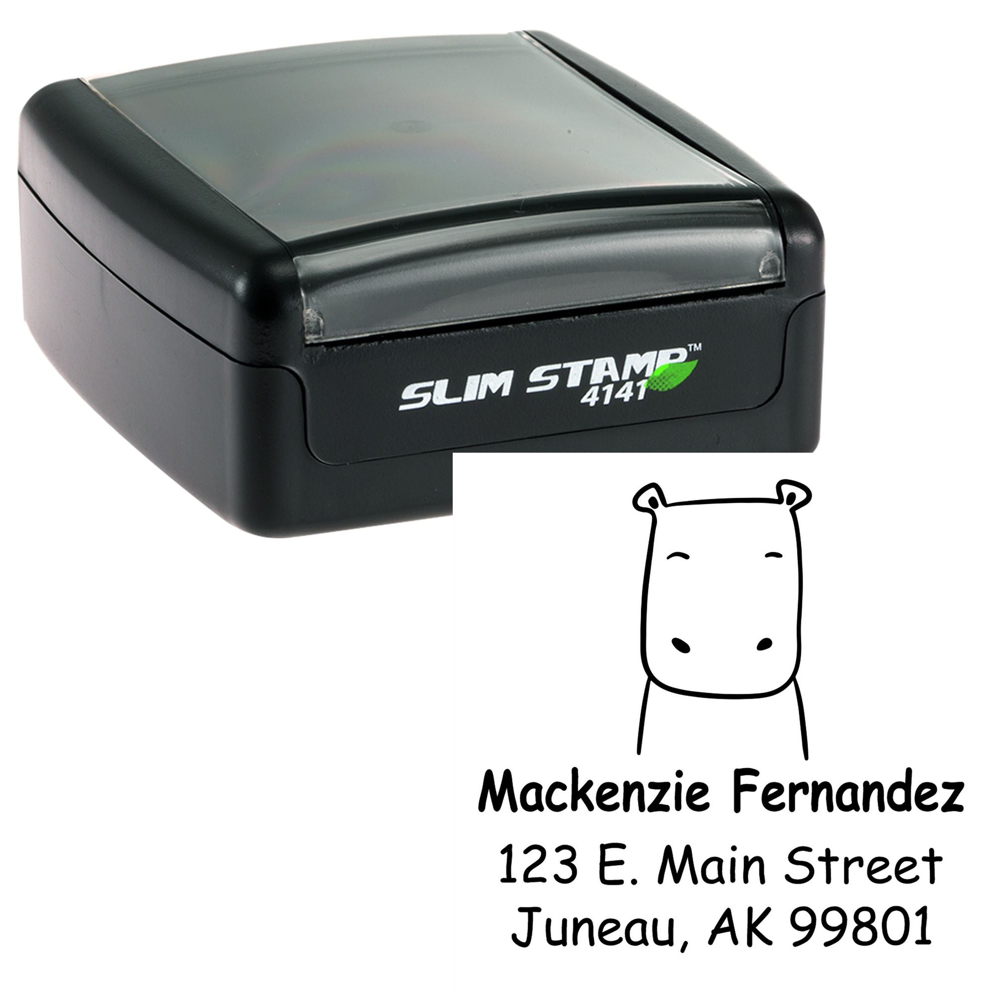 Image of a black Portable Pre-Inked Hopeful Hippo Made To Order Mailing Stamp. The Custom-Made Mailing Stamper features a hippo illustration and personalized address: Mackenzie Fernandez, 123 E. Main Street, Juneau, AK 99801.