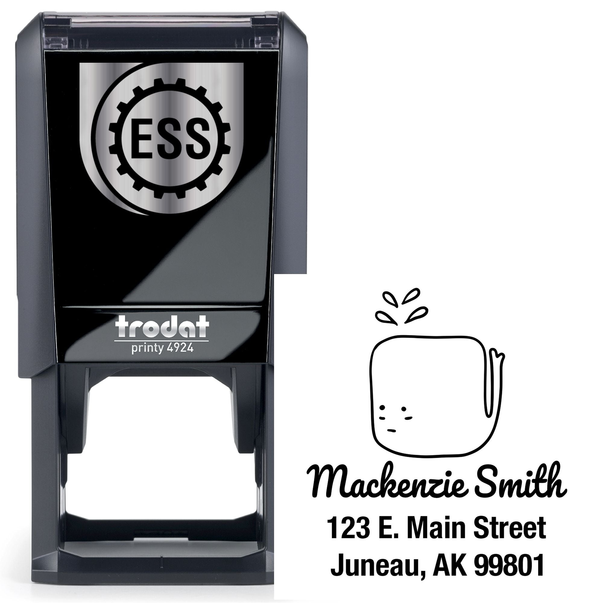 Self-Inking Cartoon Animal Joyful Whale Personalized Address Stamper featuring a cute whale design. The personalizable address stamper displays the name "Mackenzie Smith" with an address in Juneau, AK. The stamper is black with "ESS" logo.