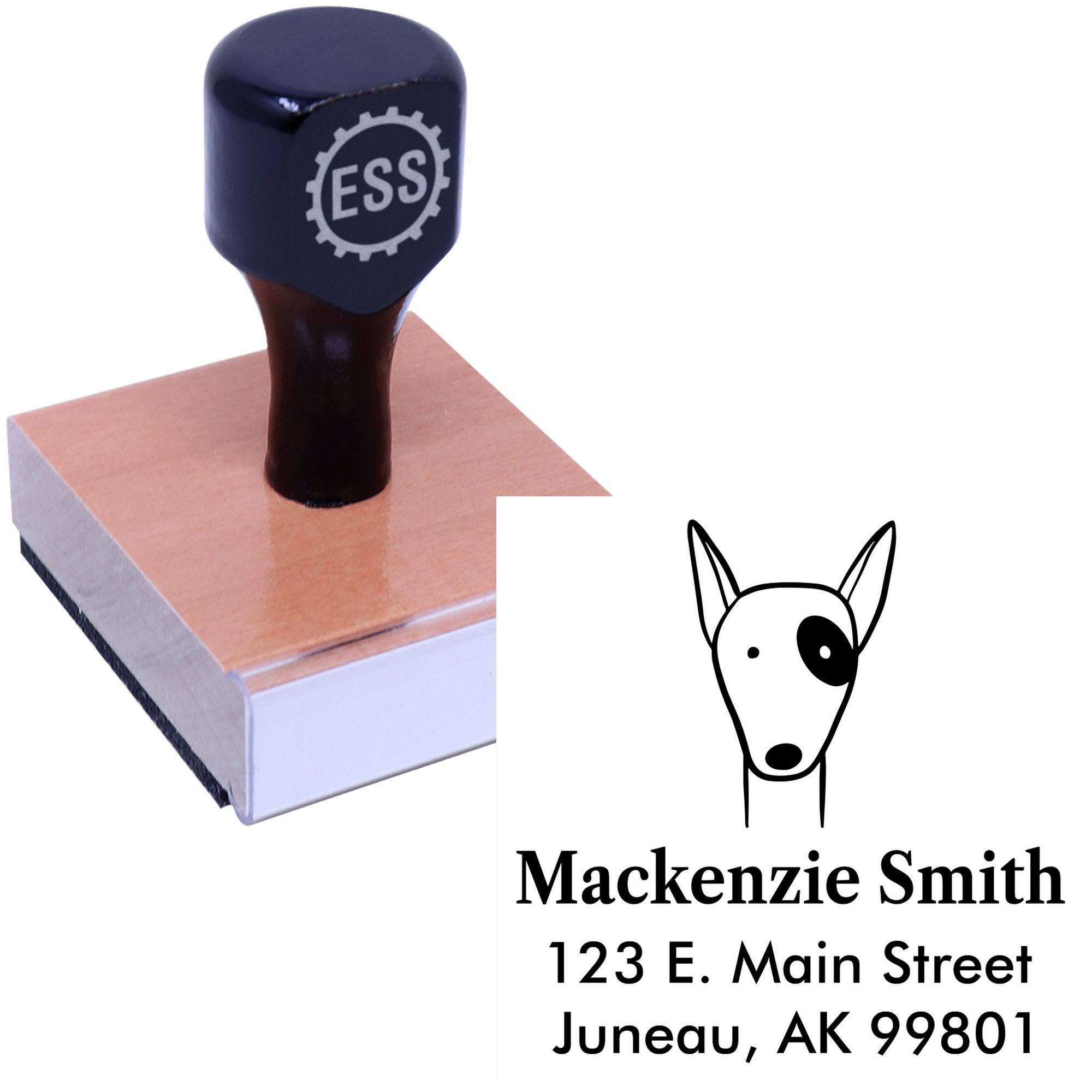 Wood handle delightful dog cartoon animal custom home stamper with a personalizable mailing stamper design. Features a black handle and a cute dog illustration, perfect for adding a personal touch to mail.