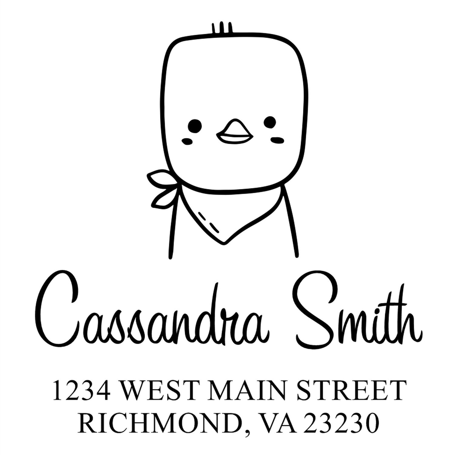 Wood handle custom new address stamper featuring a cute chick cartoon animal with a scarf. The design includes the name "Cassandra Smith" and address "1234 West Main Street, Richmond, VA 23230" on a custom envelope stamp.