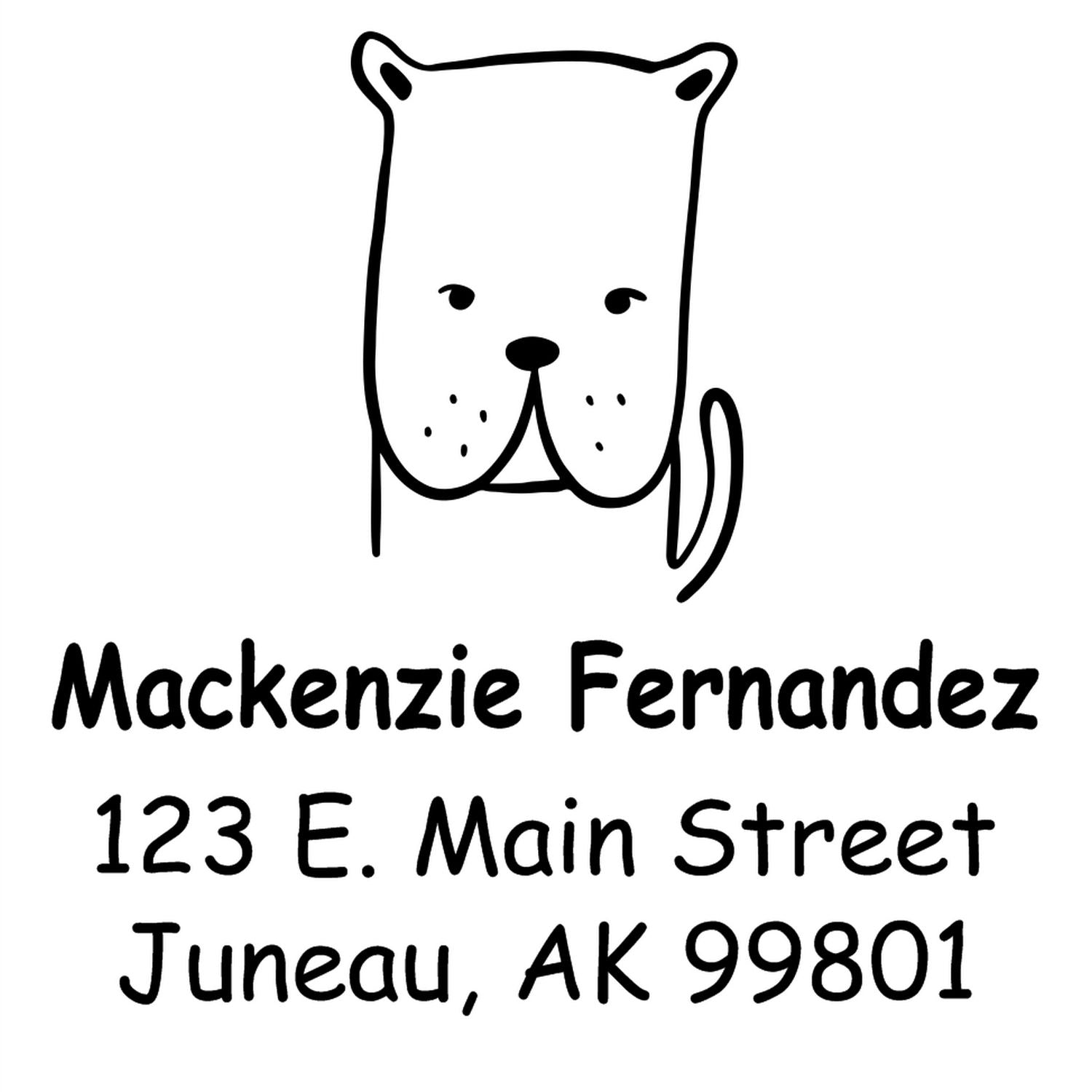 Portable Pre-Inked Darling Dog Made To Order Home Stamper featuring a cute dog illustration above the text "Mackenzie Fernandez, 123 E. Main Street, Juneau, AK 99801." This Customized Return Mail Stamp is ideal for personalizing mail.